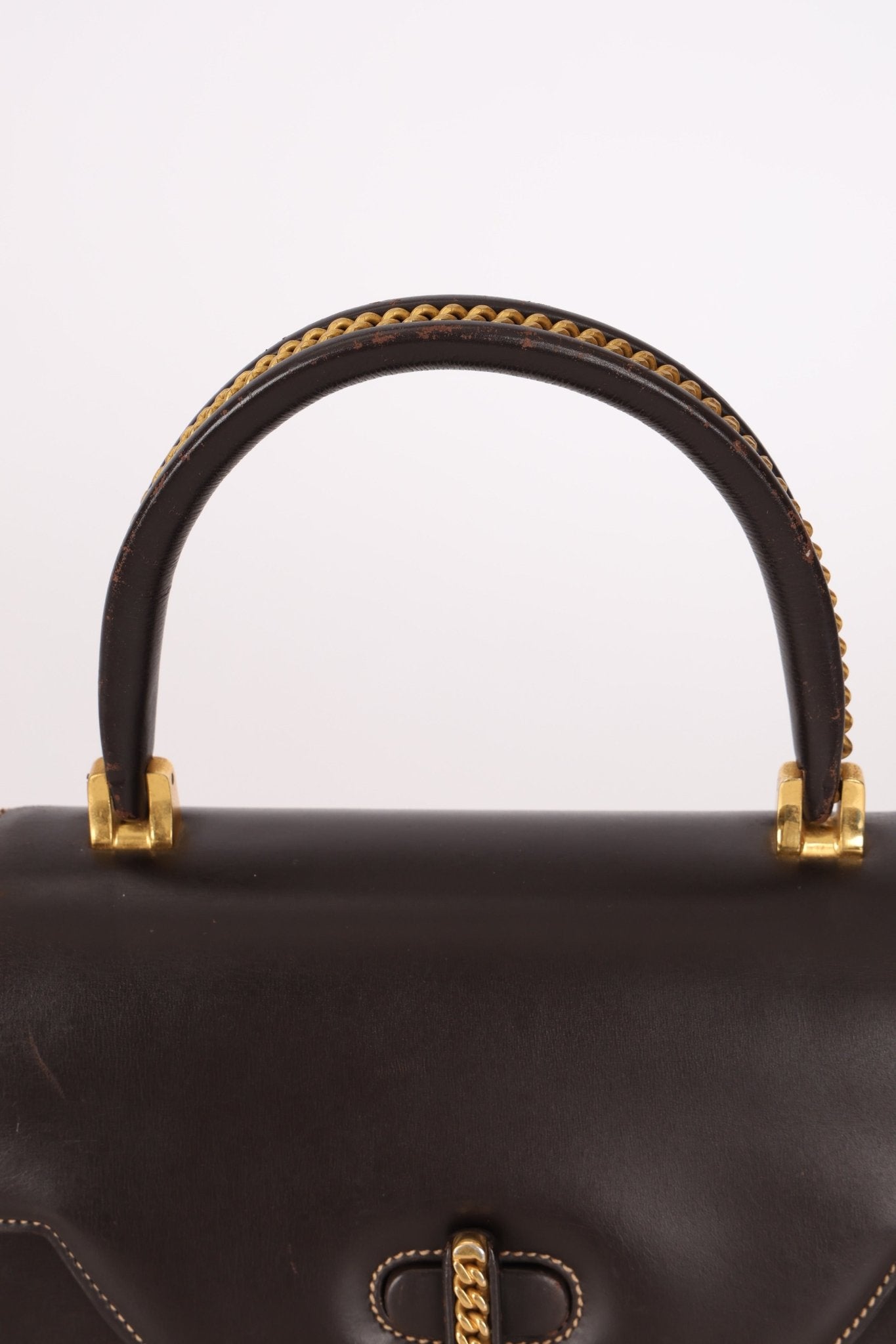 Rare Gucci 1970s Chocolate Chain Accent Box Calf Turnlock Handle Bag - FashioNica