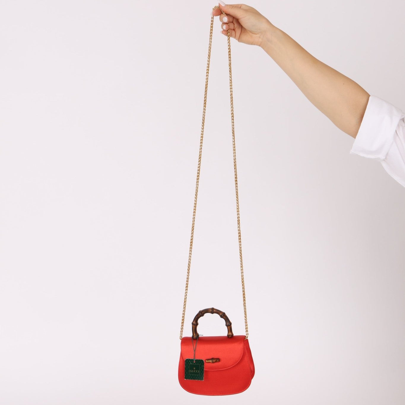 Rare Gucci Red Satin Mini Bamboo Top Handle - FashioNica