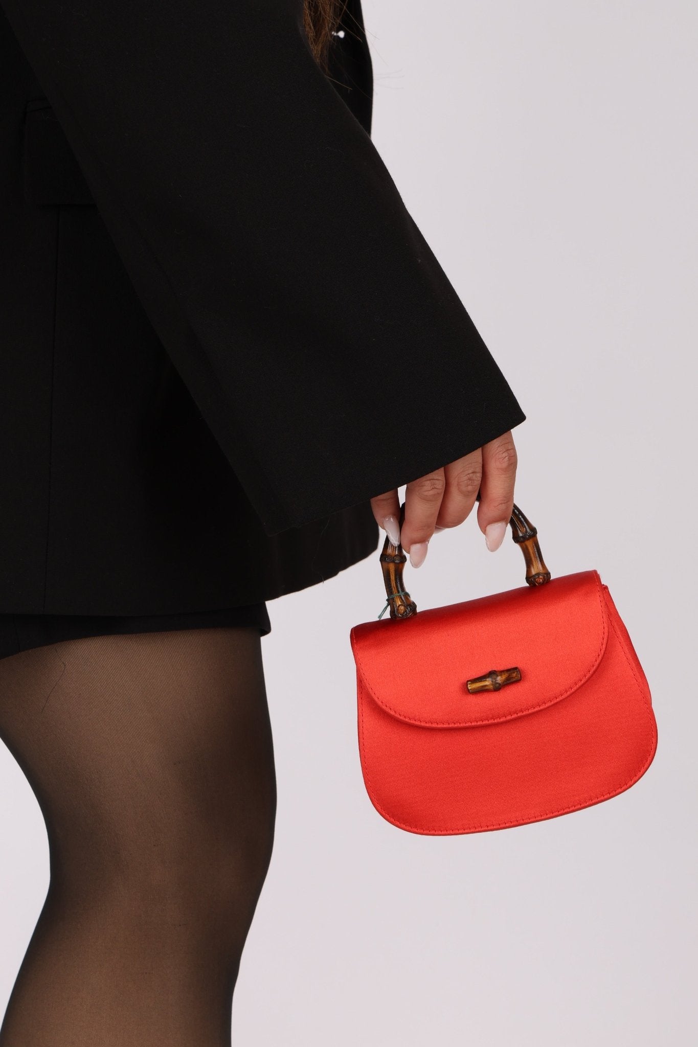Rare Gucci Red Satin Mini Bamboo Top Handle - FashioNica