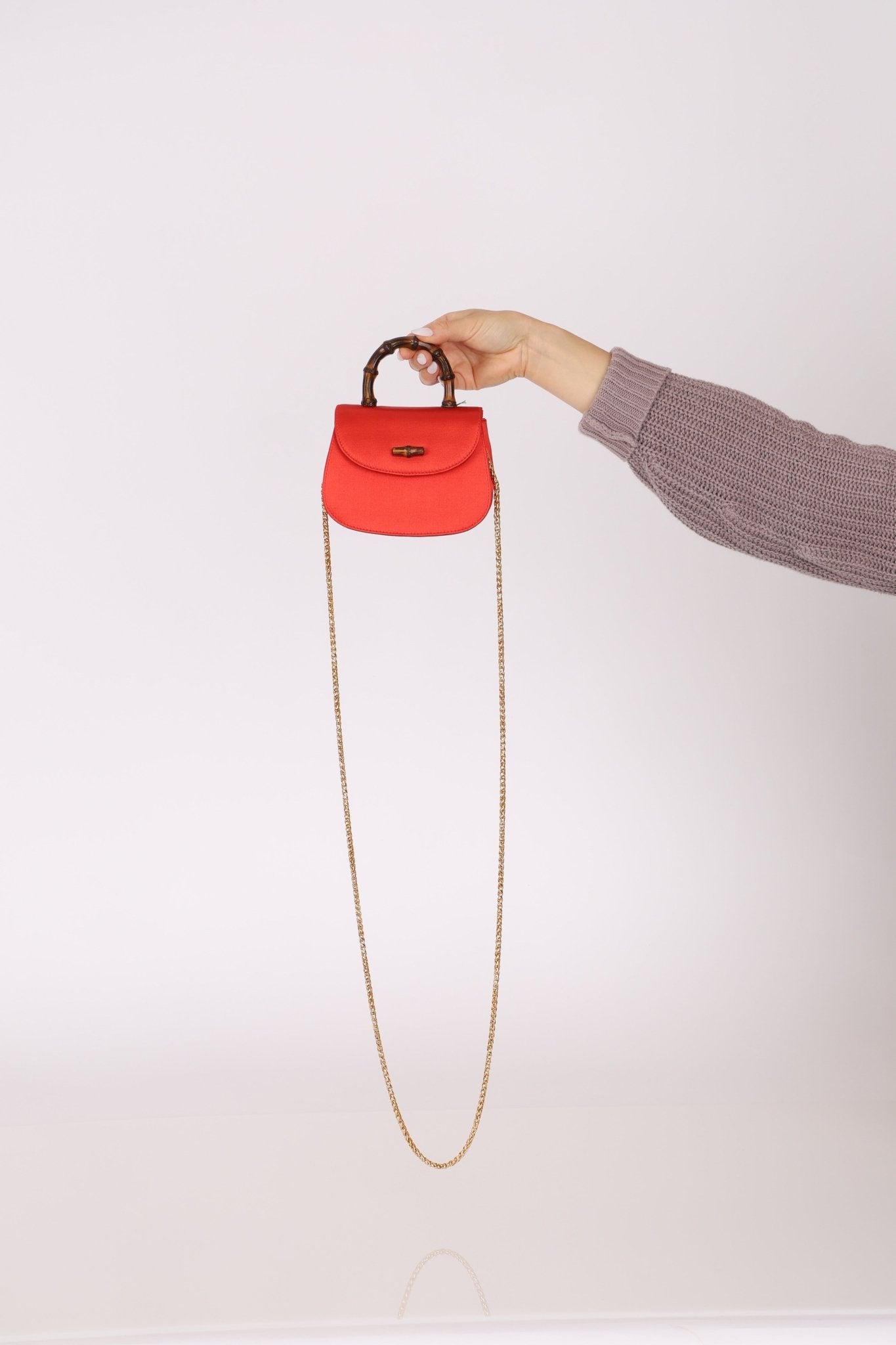 Rare Gucci Red Satin Mini Bamboo Top Handle - FashioNica