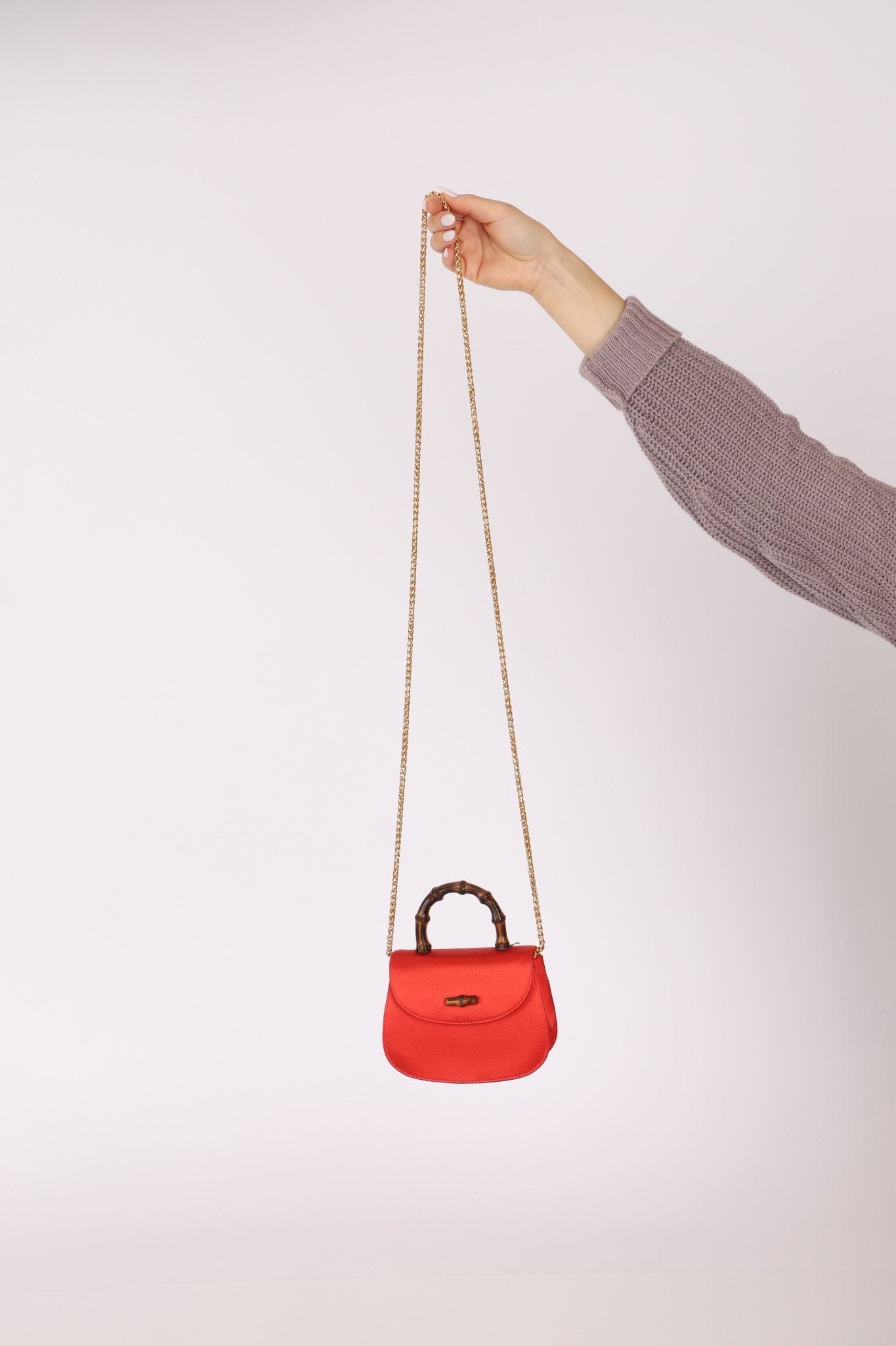 Rare Gucci Red Satin Mini Bamboo Top Handle - FashioNica