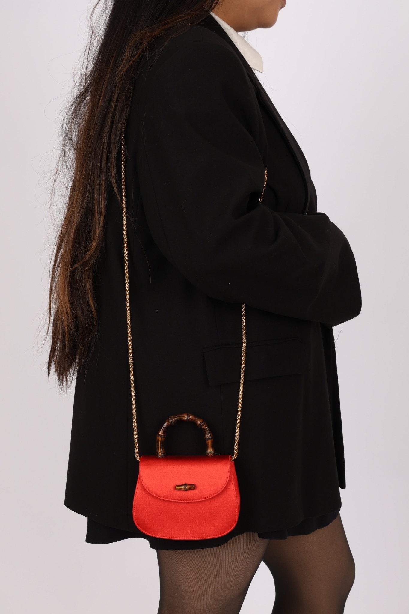 Rare Gucci Red Satin Mini Bamboo Top Handle - FashioNica