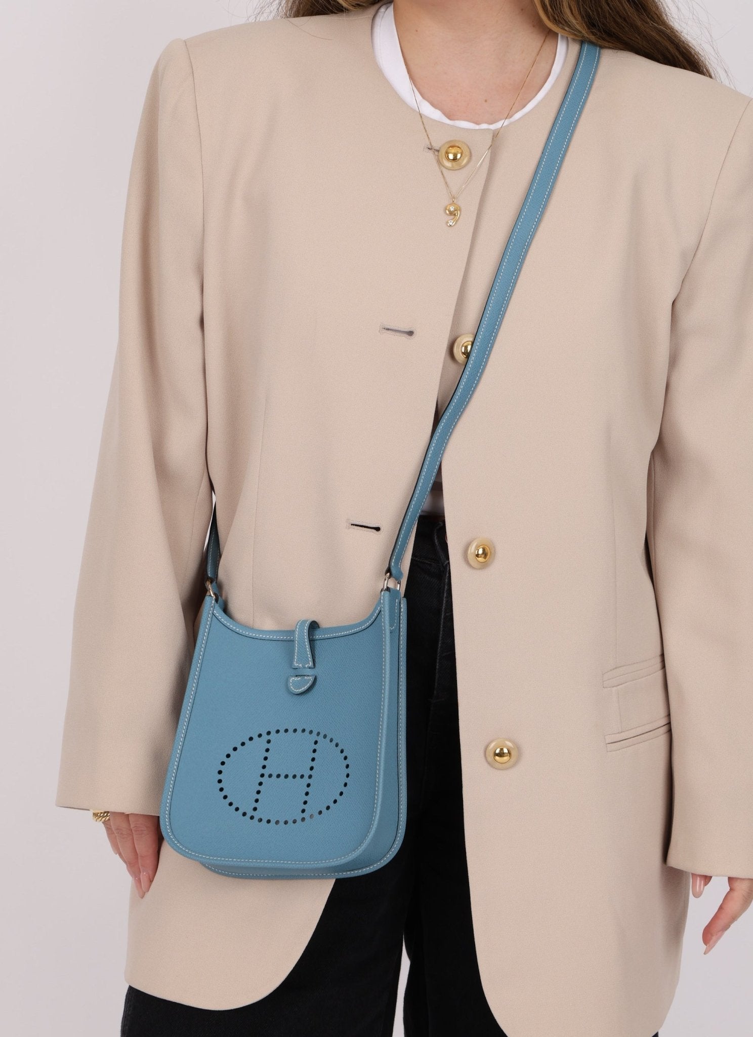 Rare Hermès 2006 Bleu Jean Epsom Mini Evelyne w Epsom Strap TPM PHW - FashioNica