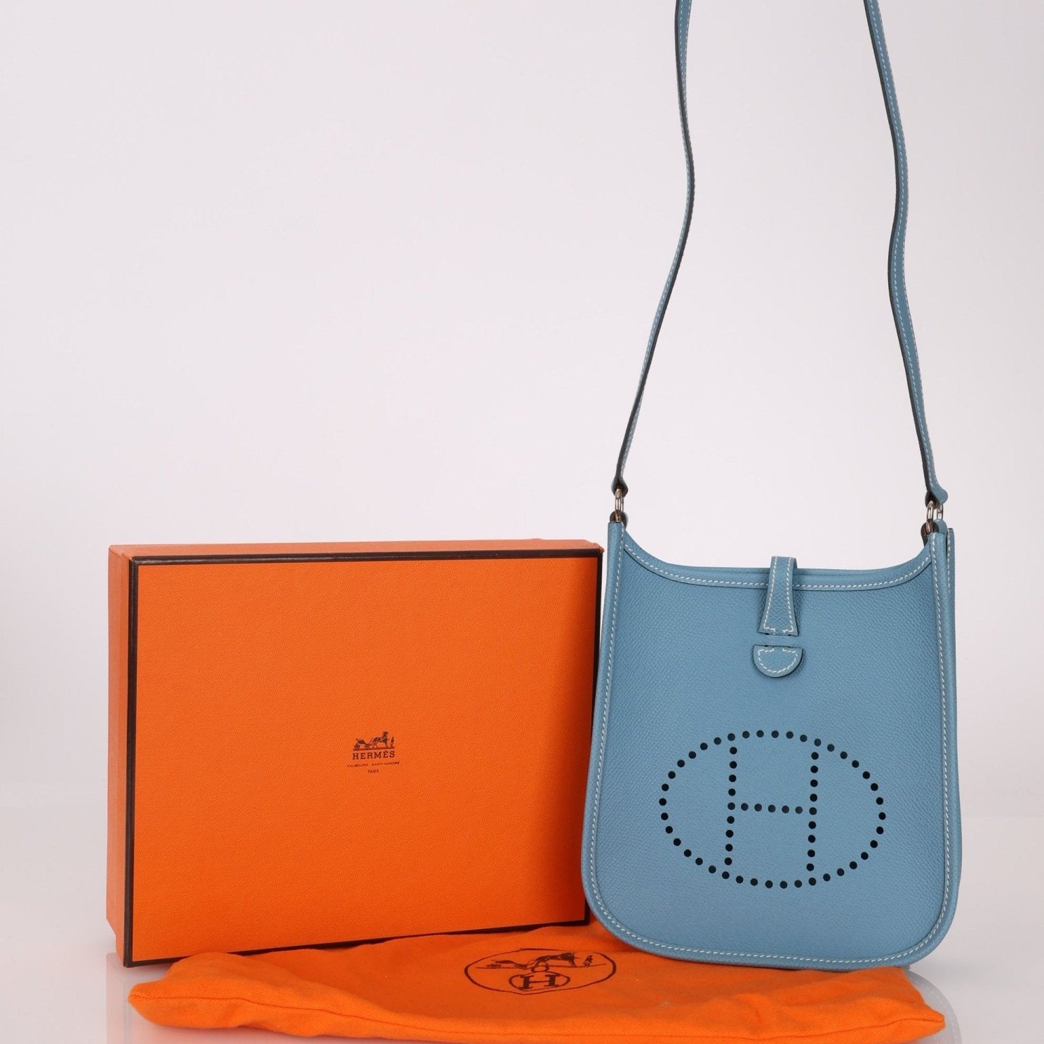 Rare Hermès 2006 Bleu Jean Epsom Mini Evelyne w Epsom Strap TPM PHW - FashioNica