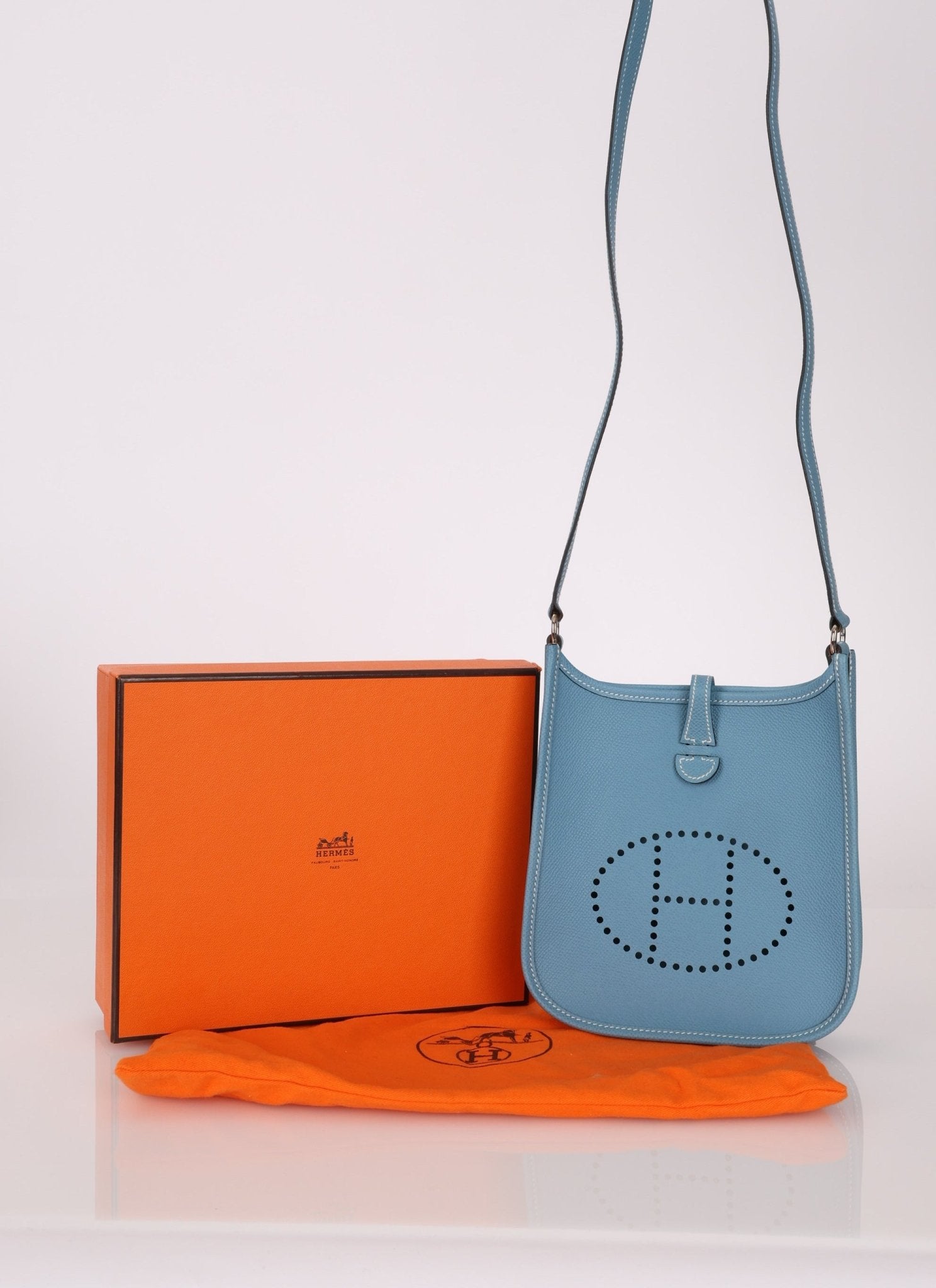 Rare Hermès 2006 Bleu Jean Epsom Mini Evelyne w Epsom Strap TPM PHW - FashioNica