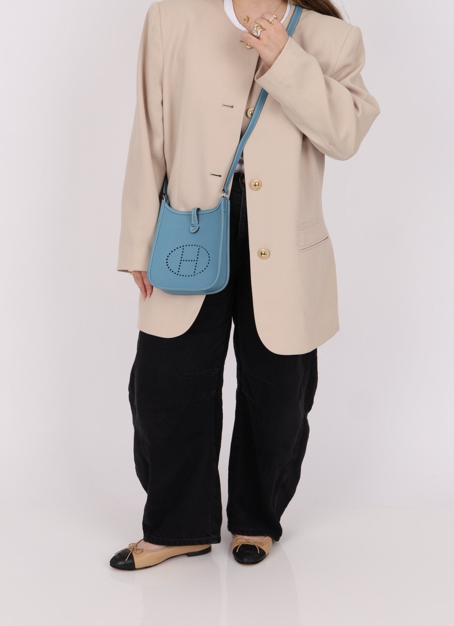 Rare Hermès 2006 Bleu Jean Epsom Mini Evelyne w Epsom Strap TPM PHW - FashioNica