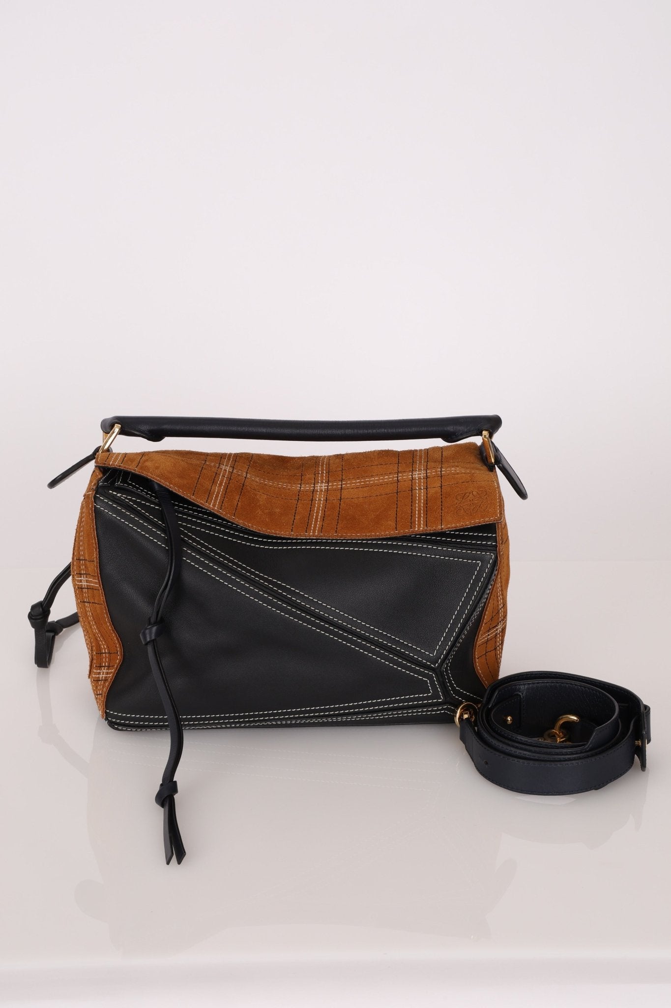 Rare Loewe Plaid Suede and Calfskin Medium Puzzle Bag - FashioNica