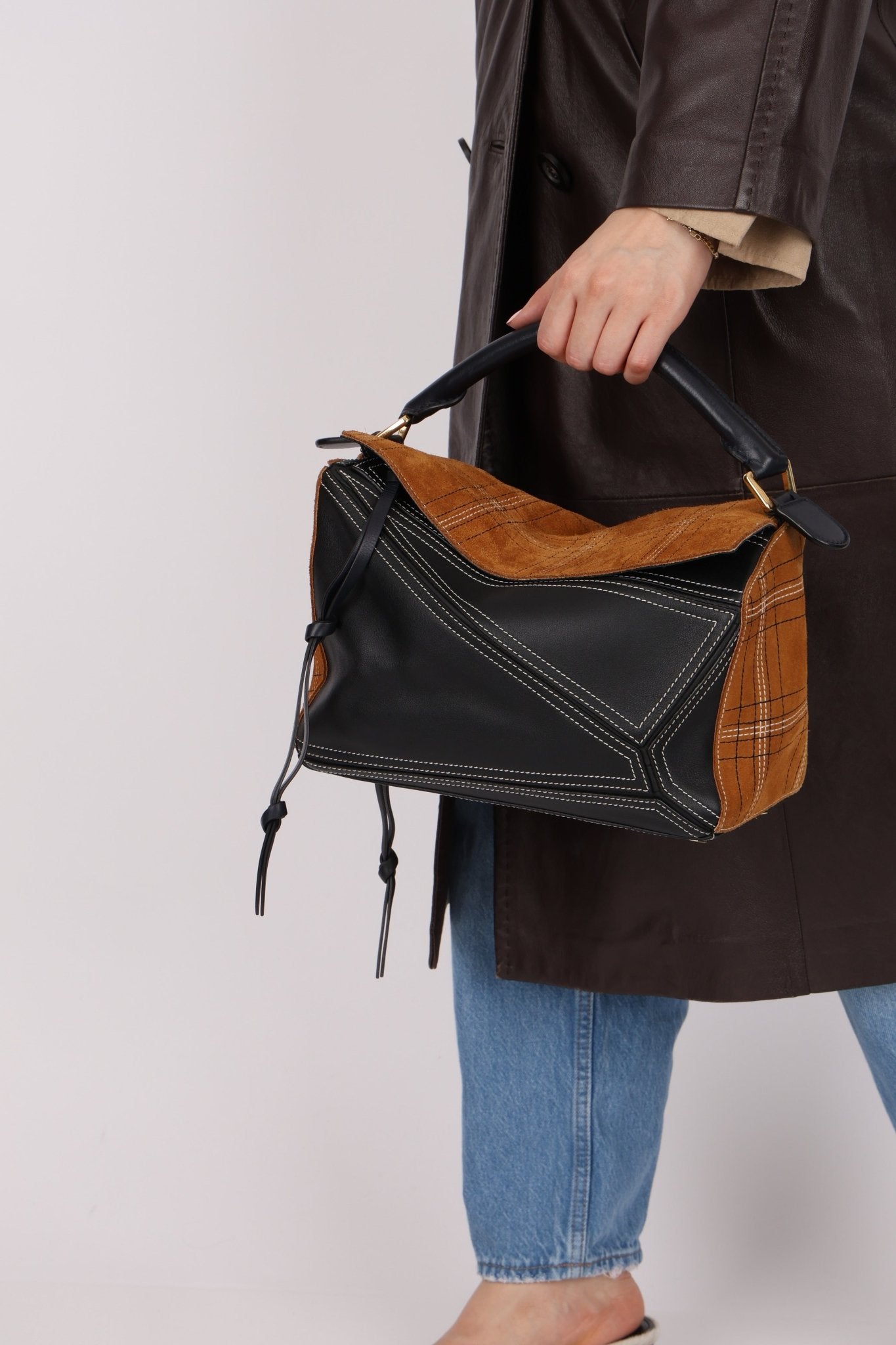 Rare Loewe Plaid Suede and Calfskin Medium Puzzle Bag - FashioNica