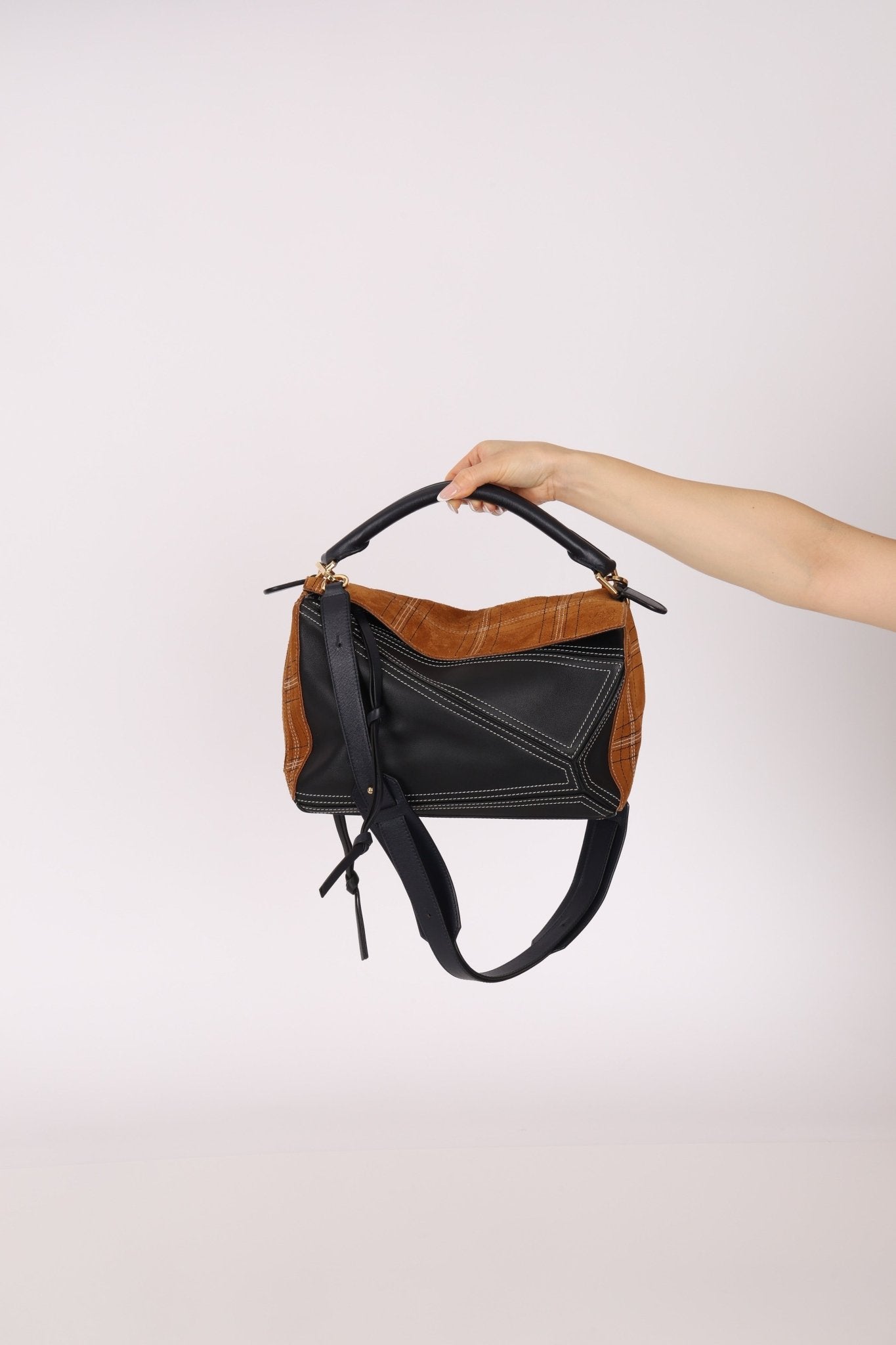 Rare Loewe Plaid Suede and Calfskin Medium Puzzle Bag - FashioNica