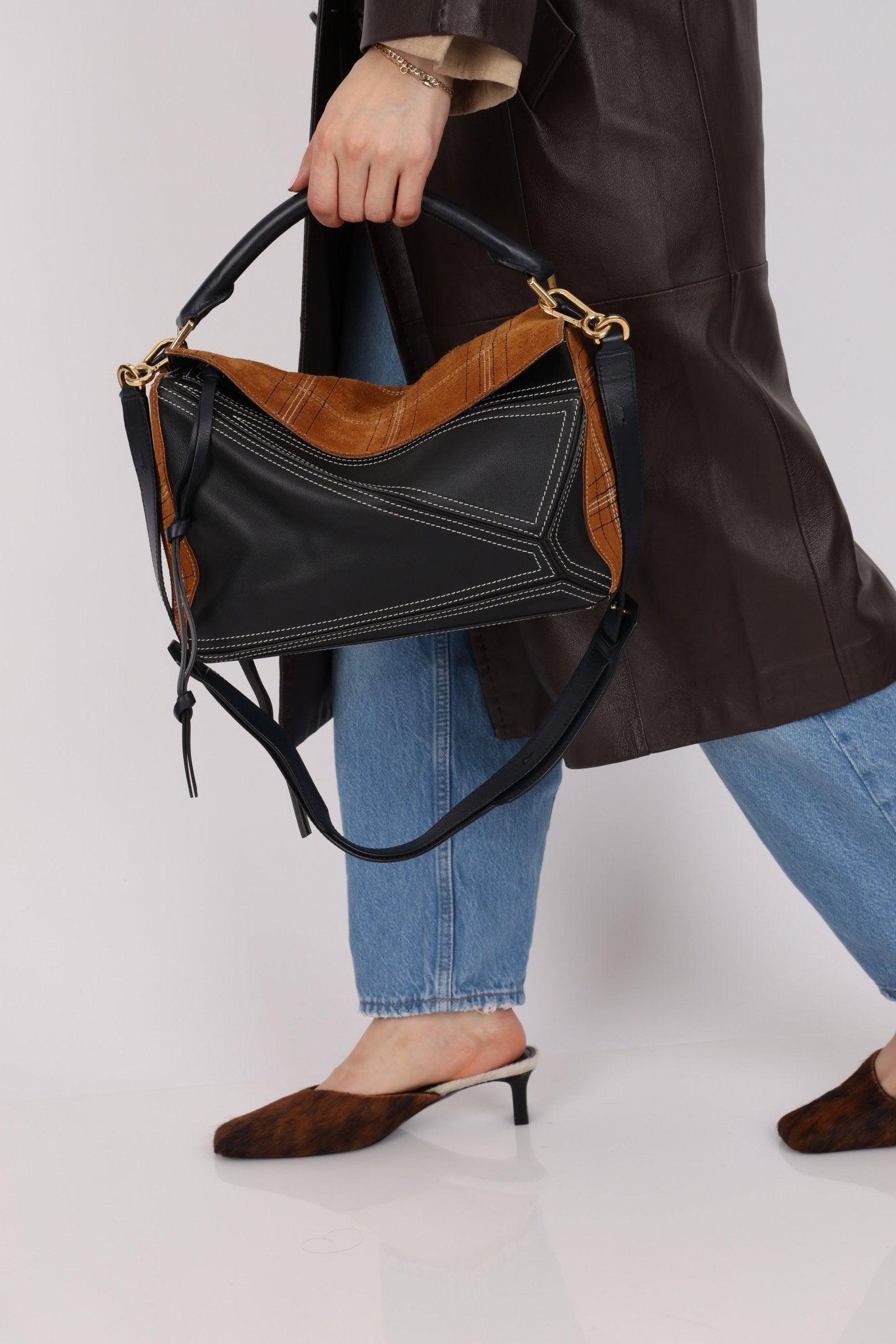 Rare Loewe Plaid Suede and Calfskin Medium Puzzle Bag - FashioNica