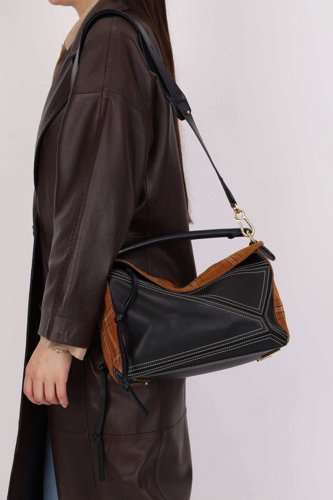 Rare Loewe Plaid Suede and Calfskin Medium Puzzle Bag - FashioNica