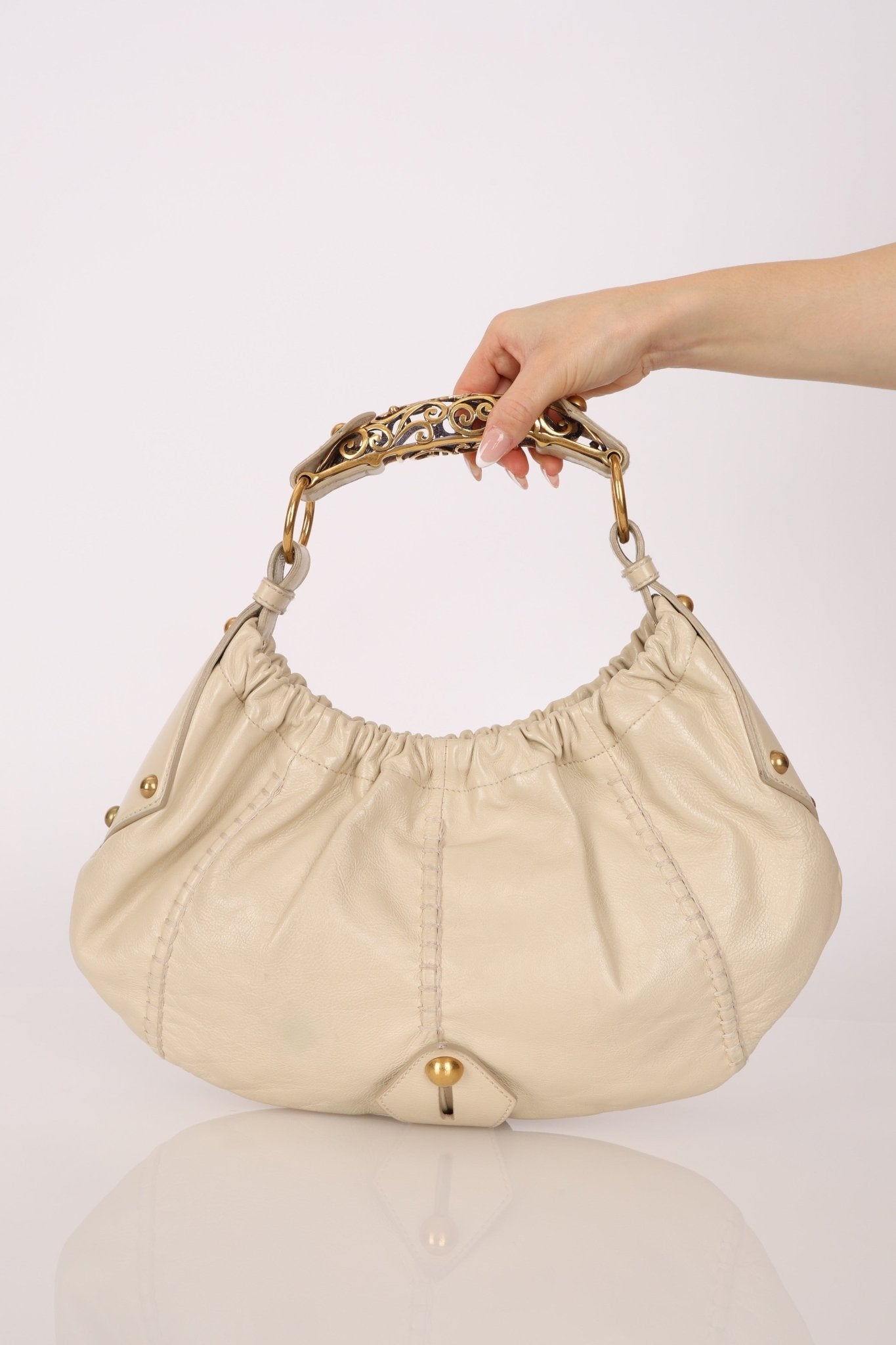 Rare Saint Laurent x Tom Ford Cream Leather Mombasa Metal Handle Bag with Pouch - FashioNica