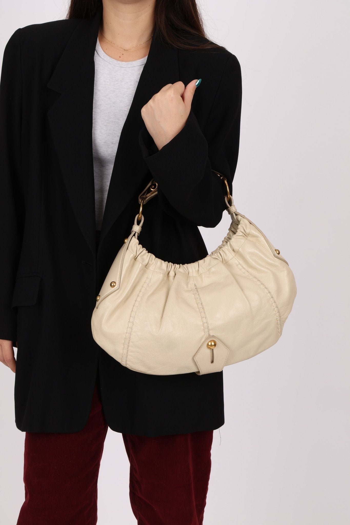 Rare Saint Laurent x Tom Ford Cream Leather Mombasa Metal Handle Bag with Pouch - FashioNica