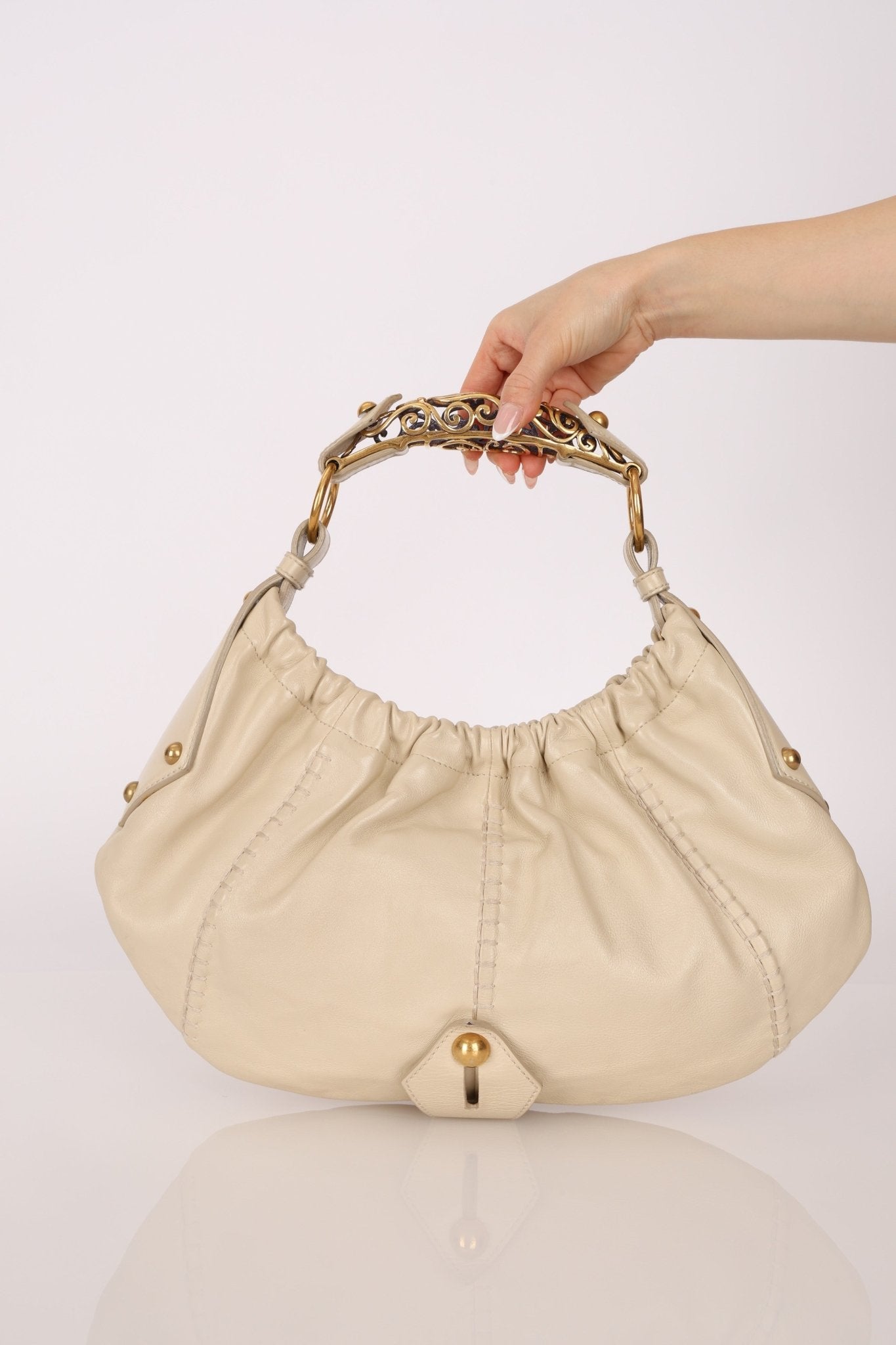 Rare Saint Laurent x Tom Ford Cream Leather Mombasa Metal Handle Bag with Pouch - FashioNica