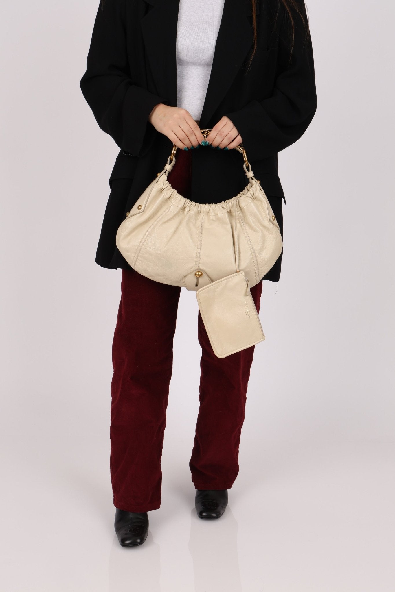 Rare Saint Laurent x Tom Ford Cream Leather Mombasa Metal Handle Bag with Pouch - FashioNica