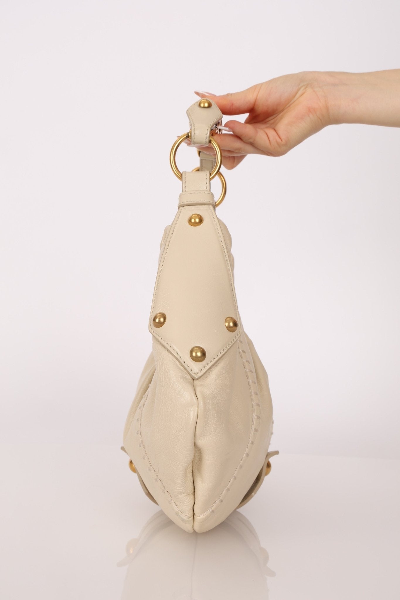 Rare Saint Laurent x Tom Ford Cream Leather Mombasa Metal Handle Bag with Pouch - FashioNica