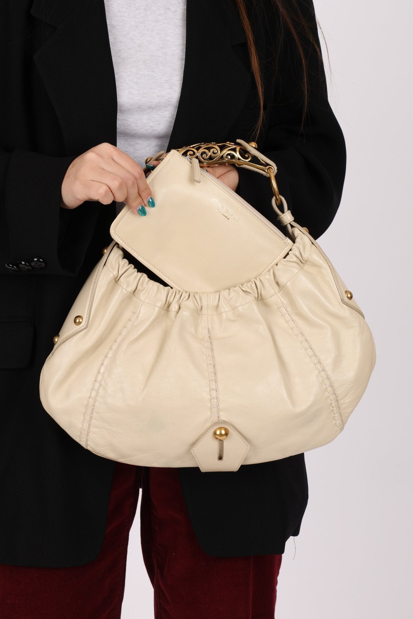 Rare Saint Laurent x Tom Ford Cream Leather Mombasa Metal Handle Bag with Pouch - FashioNica