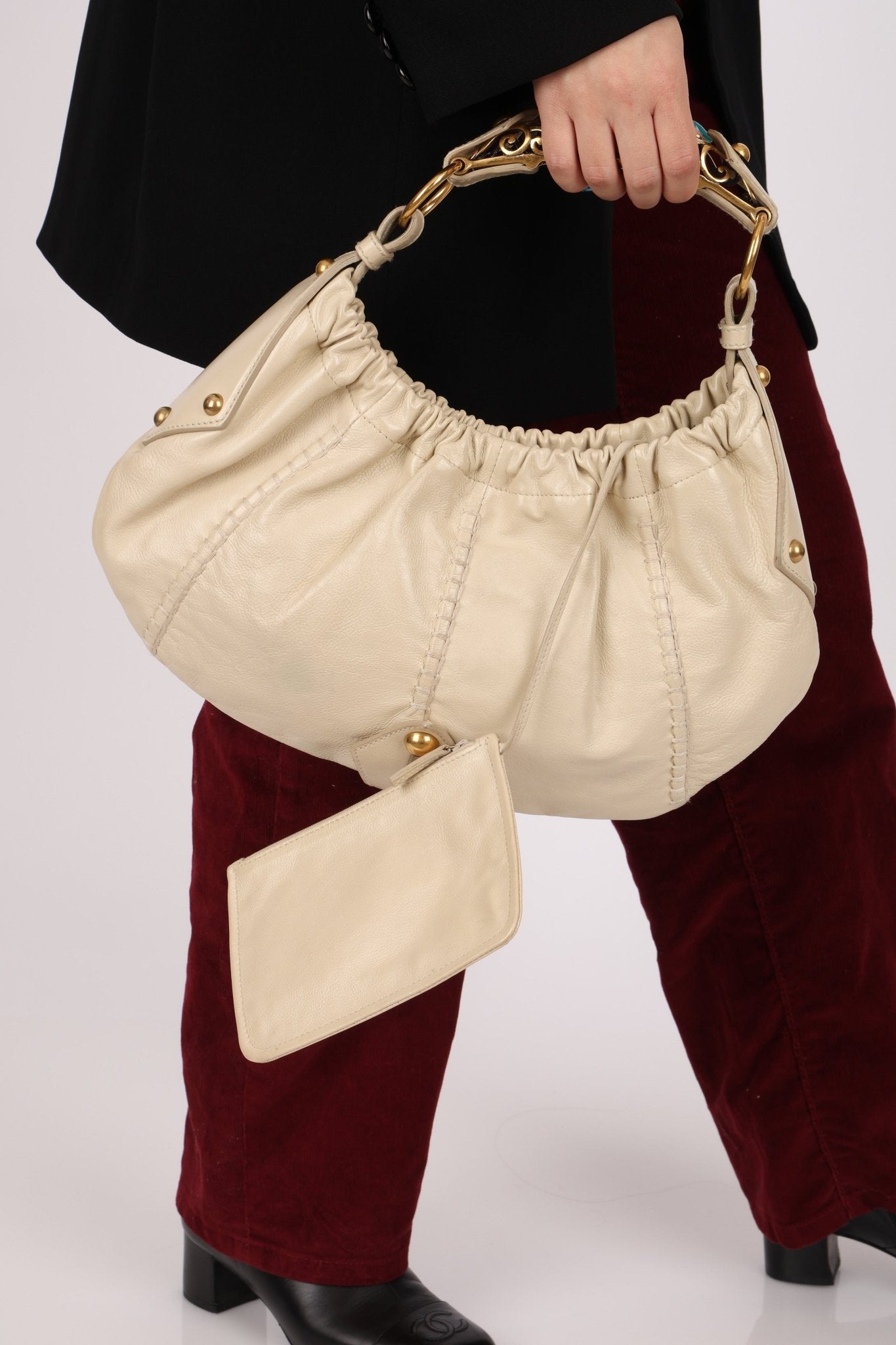 Rare Saint Laurent x Tom Ford Cream Leather Mombasa Metal Handle Bag with Pouch - FashioNica