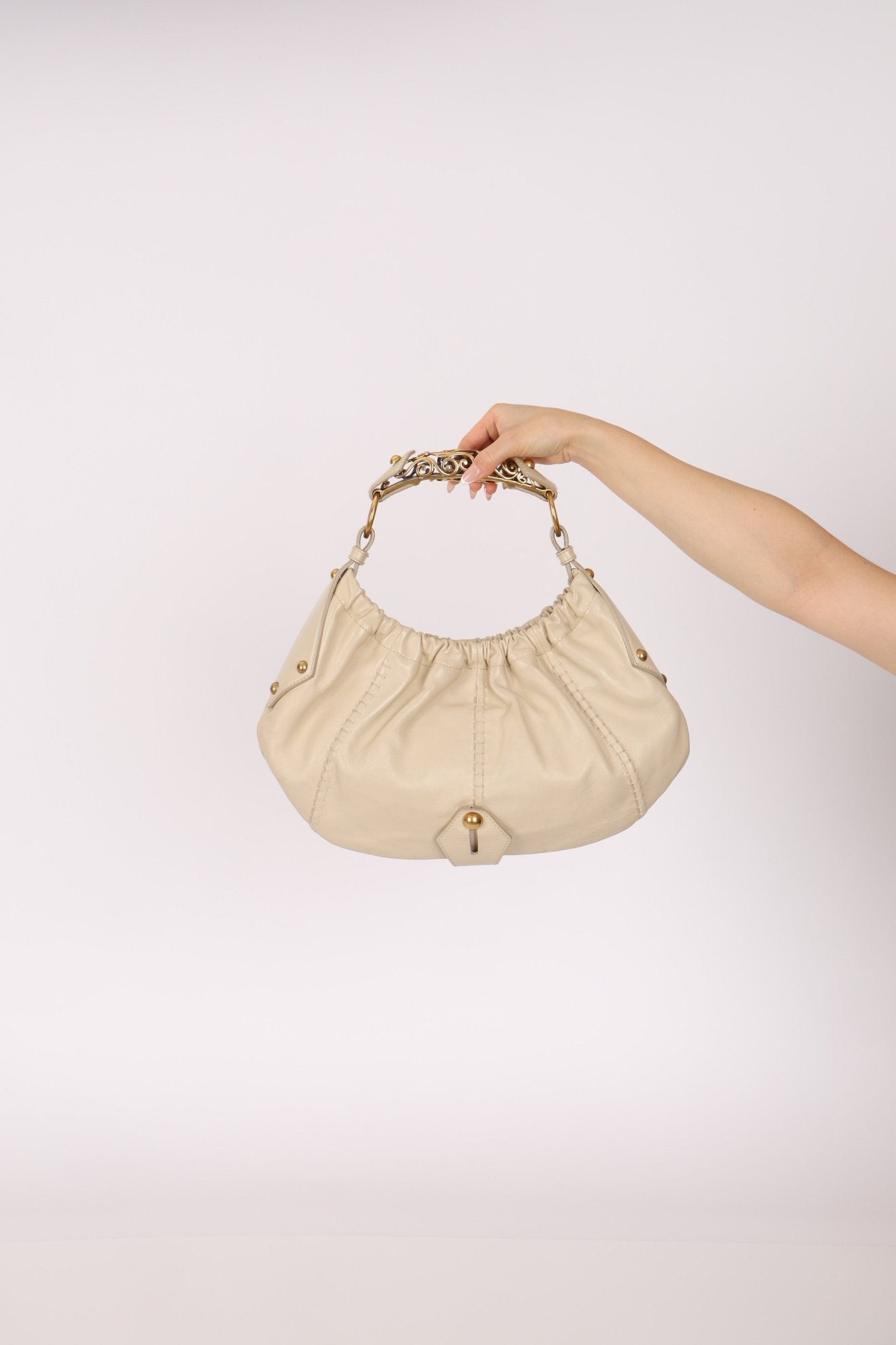 Rare Saint Laurent x Tom Ford Cream Leather Mombasa Metal Handle Bag with Pouch - FashioNica