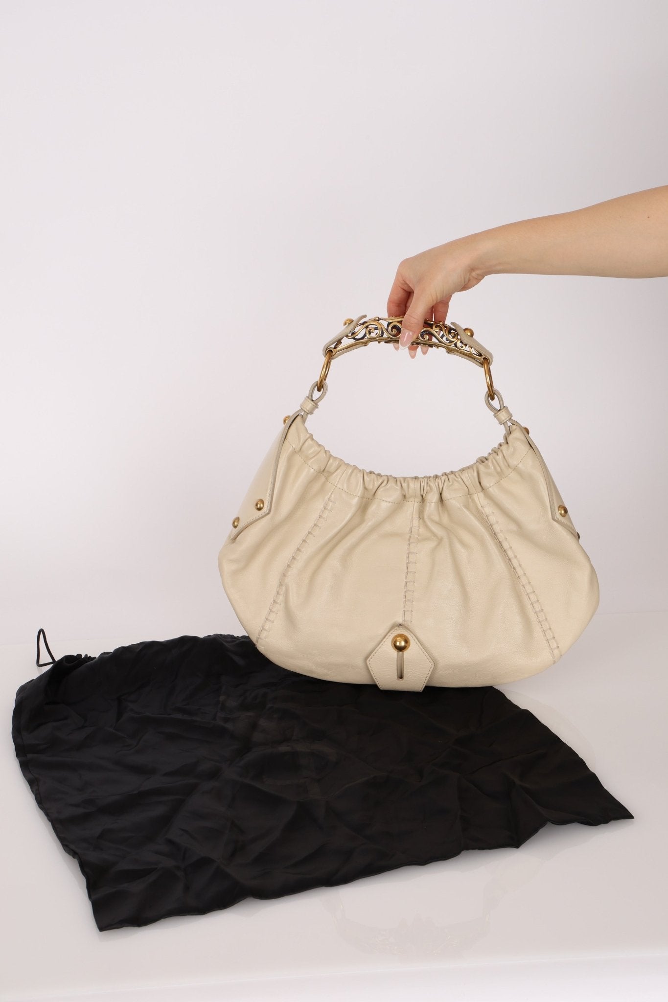 Rare Saint Laurent x Tom Ford Cream Leather Mombasa Metal Handle Bag with Pouch - FashioNica