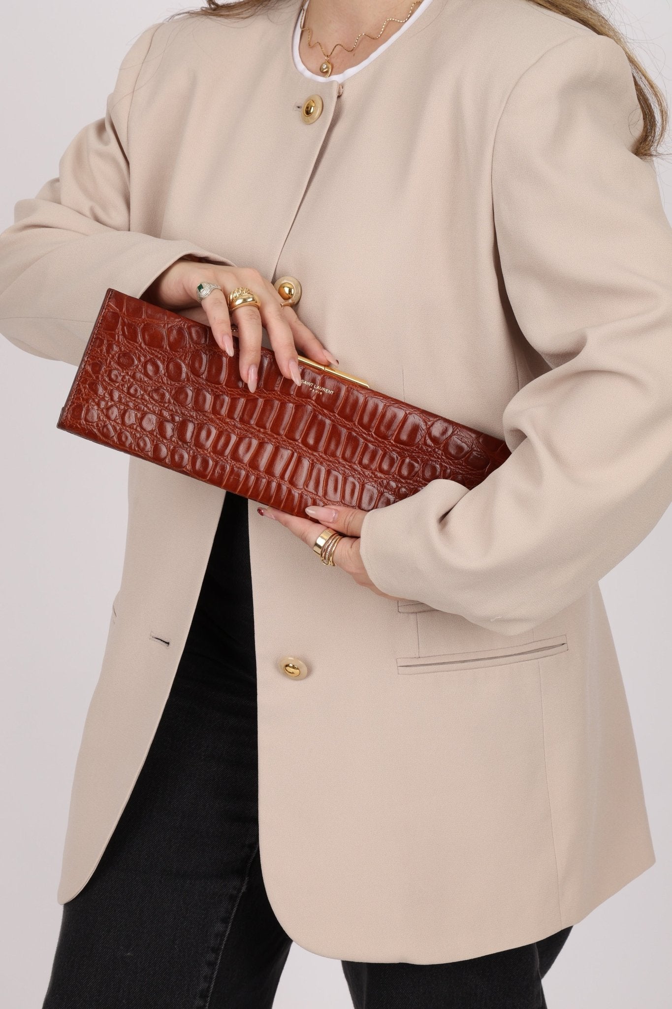 Saint Laurent Croc Embossed Midnight East West Clutch - FashioNica