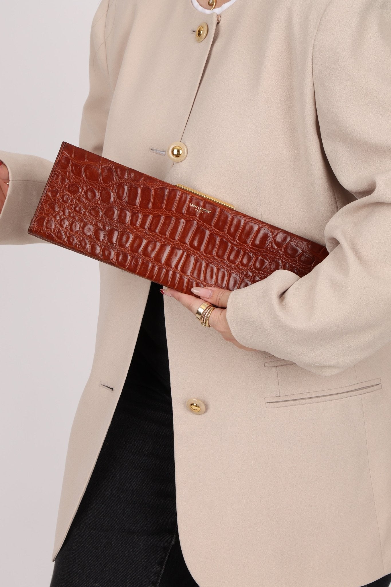 Saint Laurent Croc Embossed Midnight East West Clutch - FashioNica