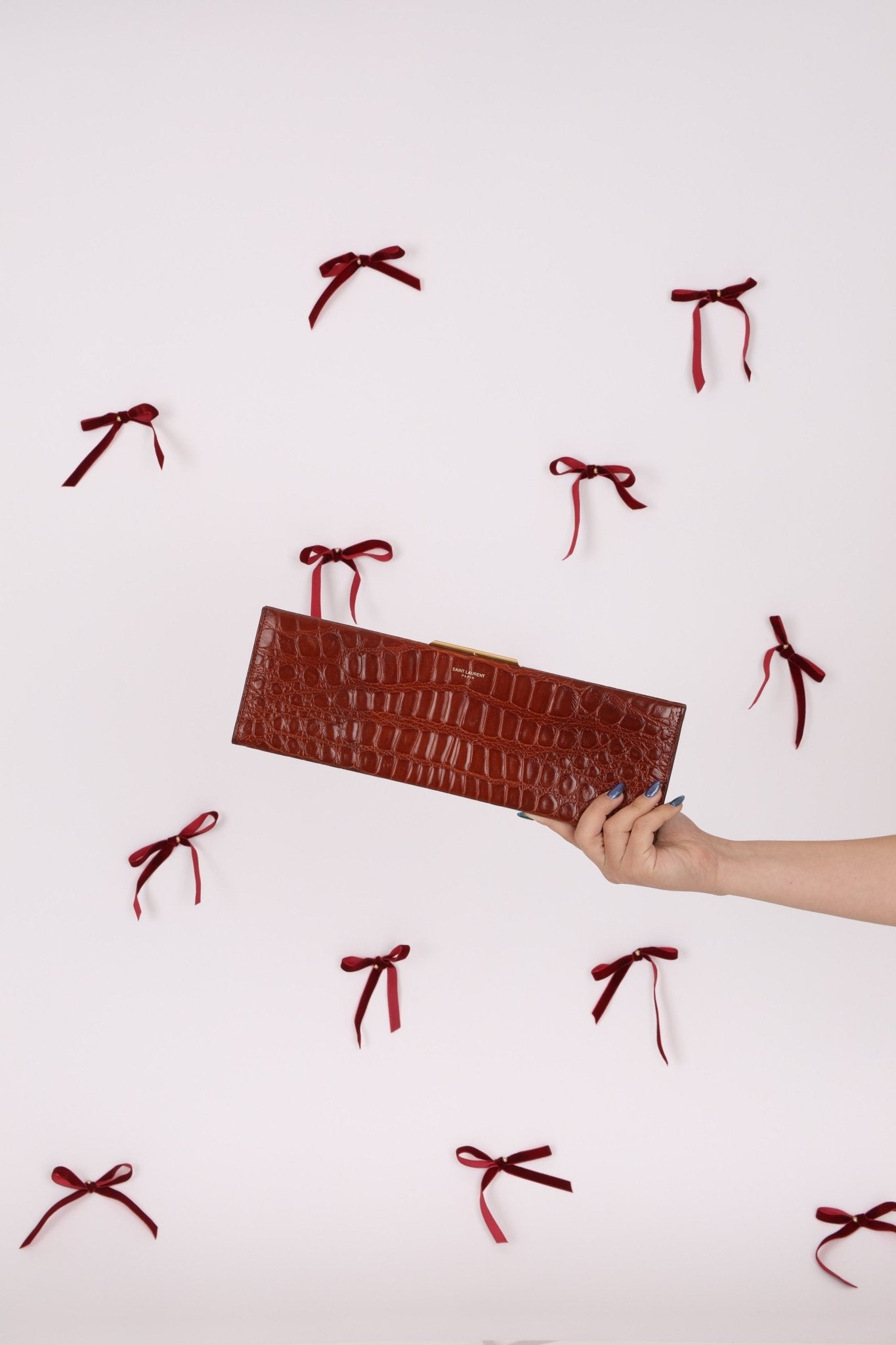 Saint Laurent Croc Embossed Midnight East West Clutch - FashioNica