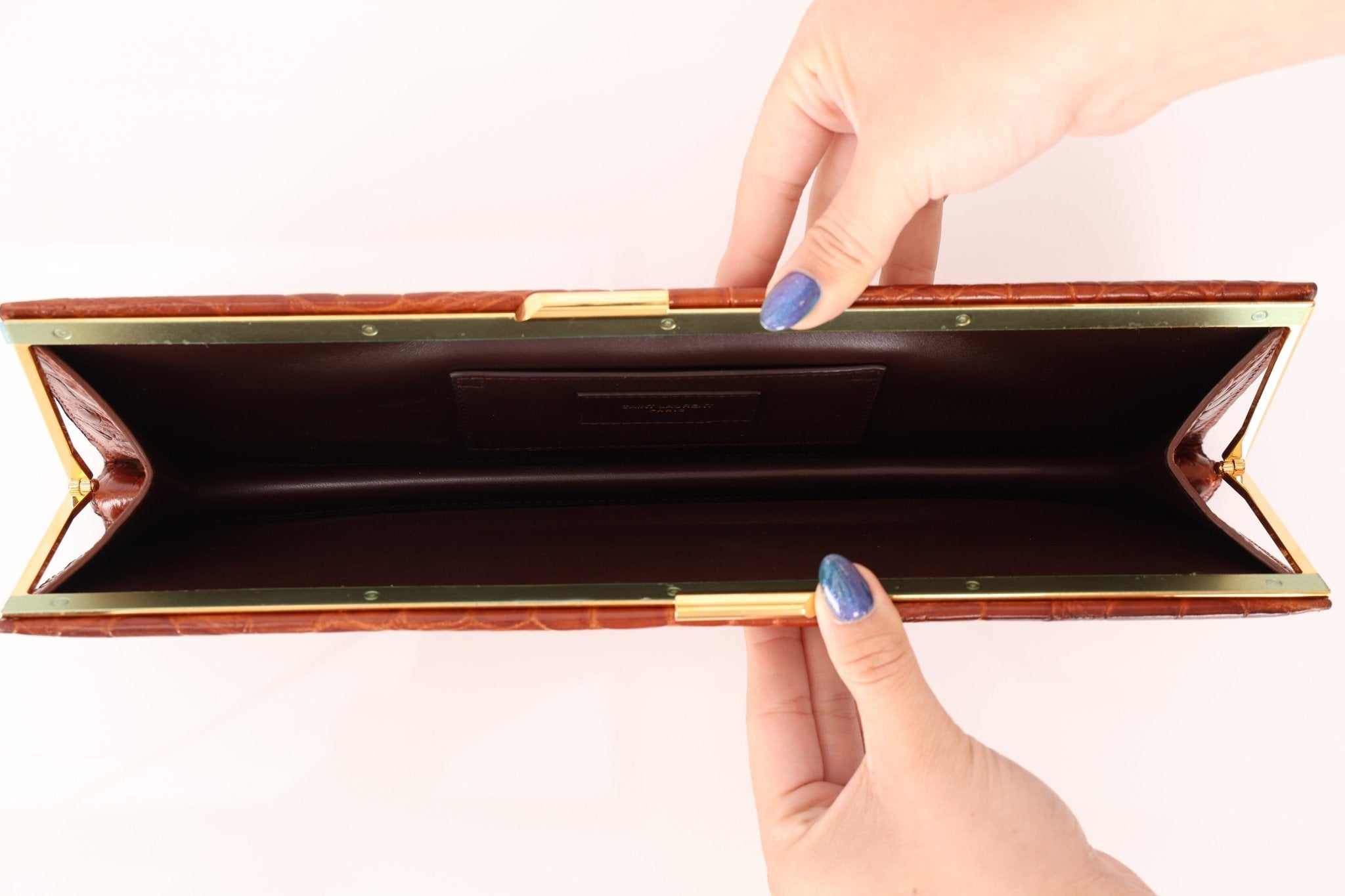 Saint Laurent Croc Embossed Midnight East West Clutch - FashioNica