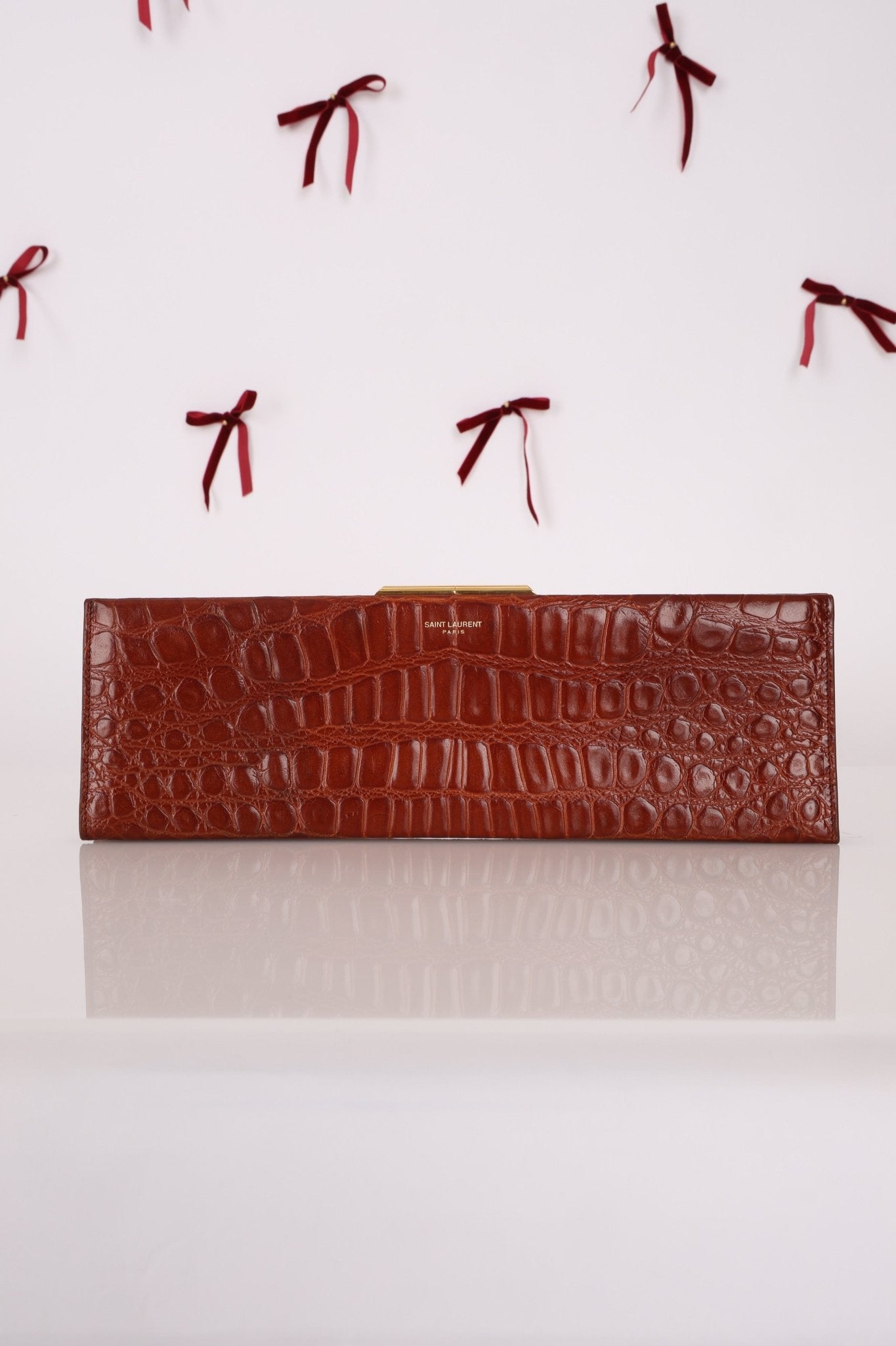 Saint Laurent Croc Embossed Midnight East West Clutch - FashioNica