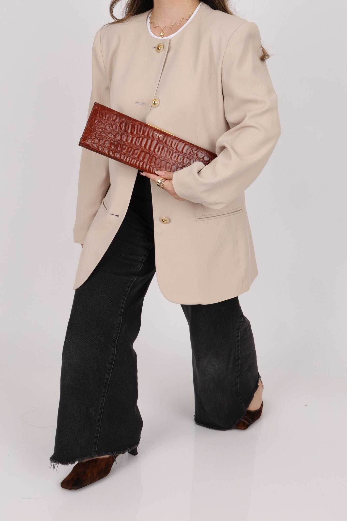 Saint Laurent Croc Embossed Midnight East West Clutch - FashioNica