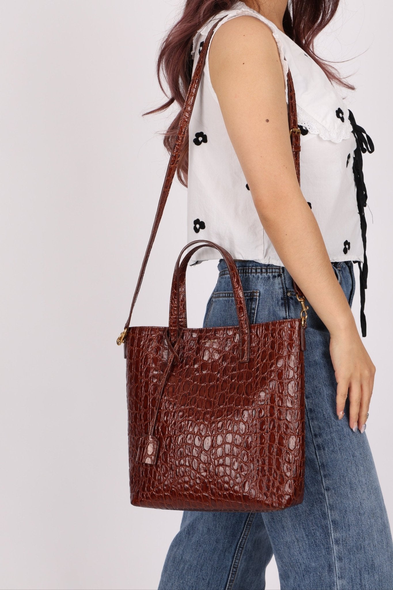 Saint Laurent Croc Embossed Toy Shopping Tote - FashioNica