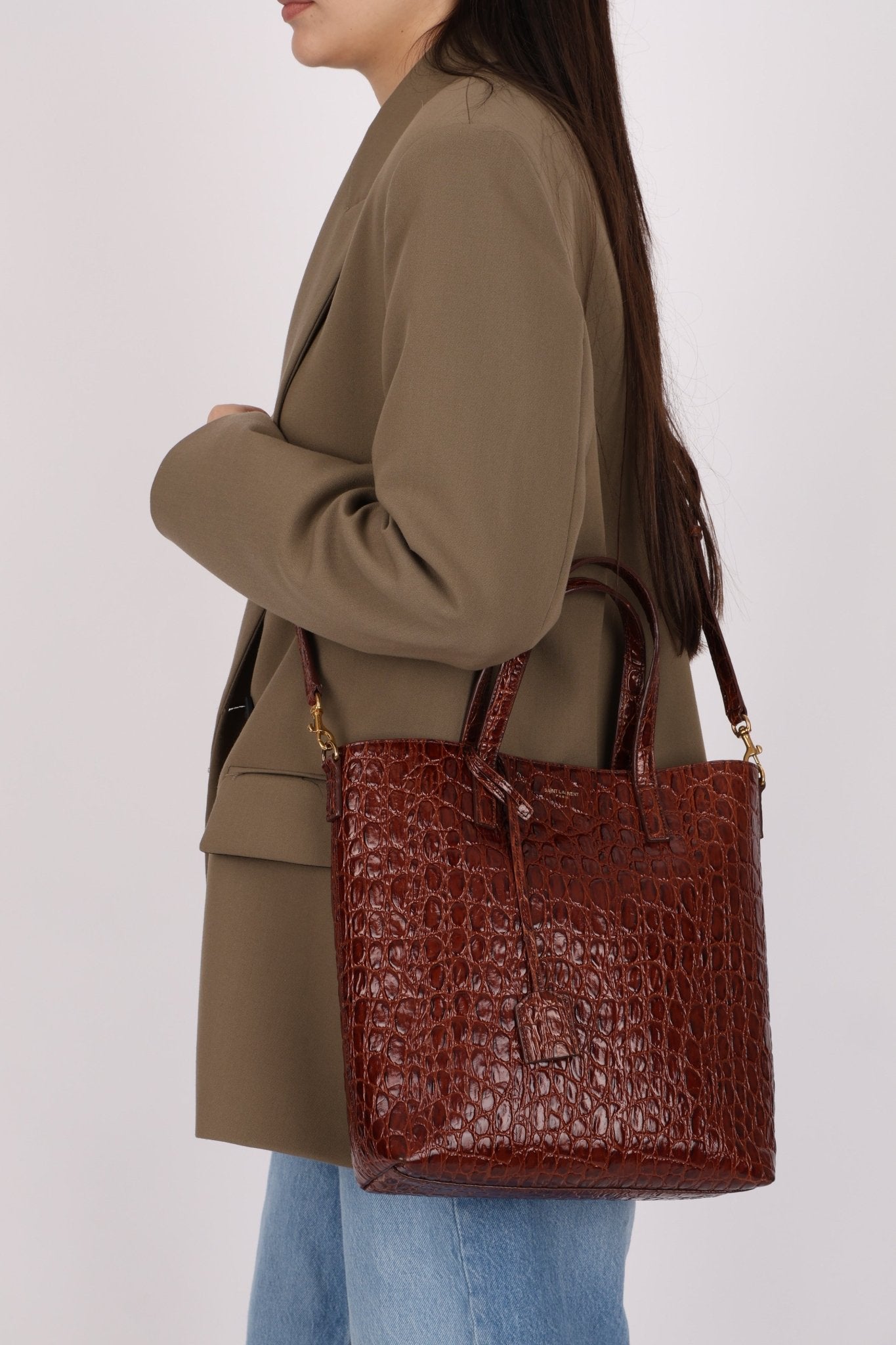 Saint Laurent Croc Embossed Toy Shopping Tote - FashioNica