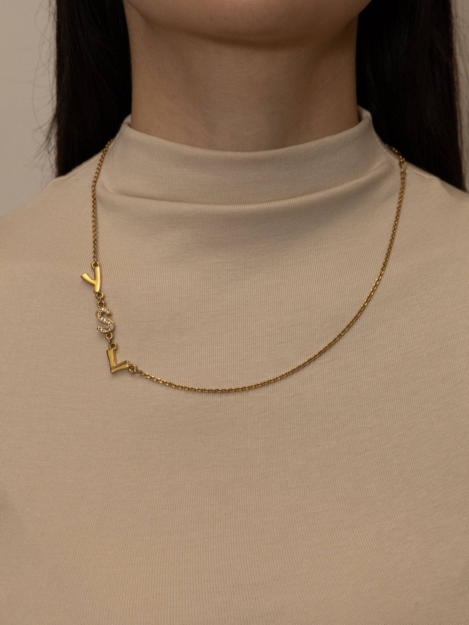 Saint Laurent Crystal Logo Pendant Necklace - FashioNica