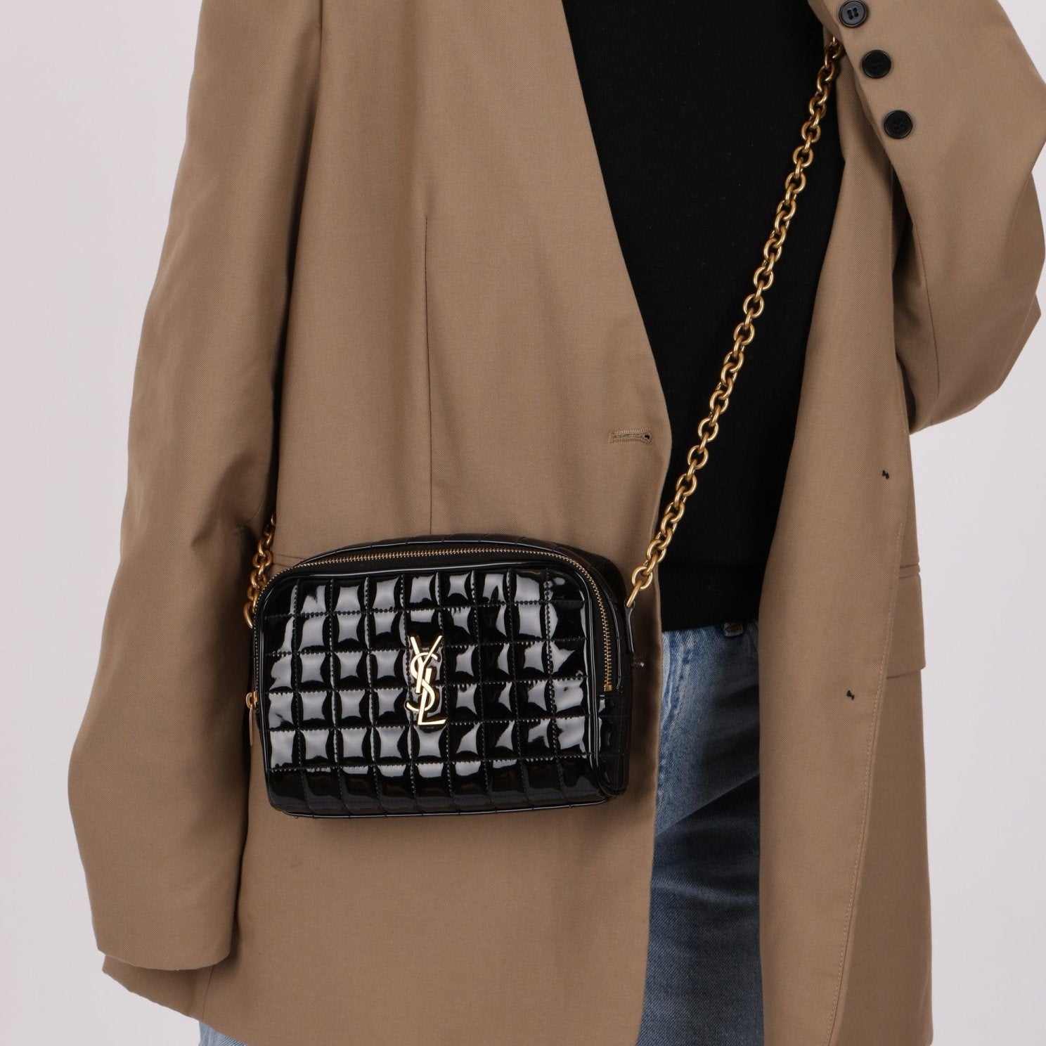 Saint Laurent Mini Cassandre Black Patent Camera Bag Crossbody - FashioNica