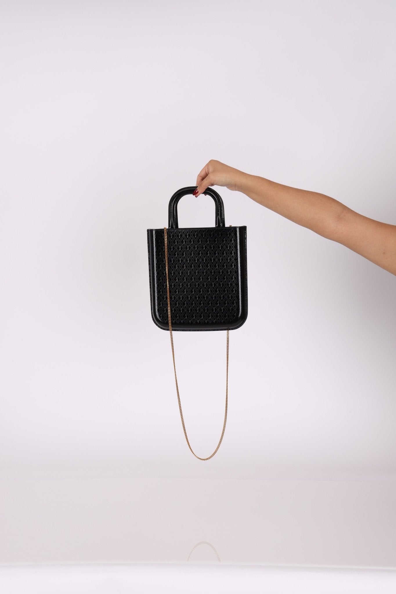 Saint Laurent Patent Logo Embossed Shopper Tote with Chain - FashioNica