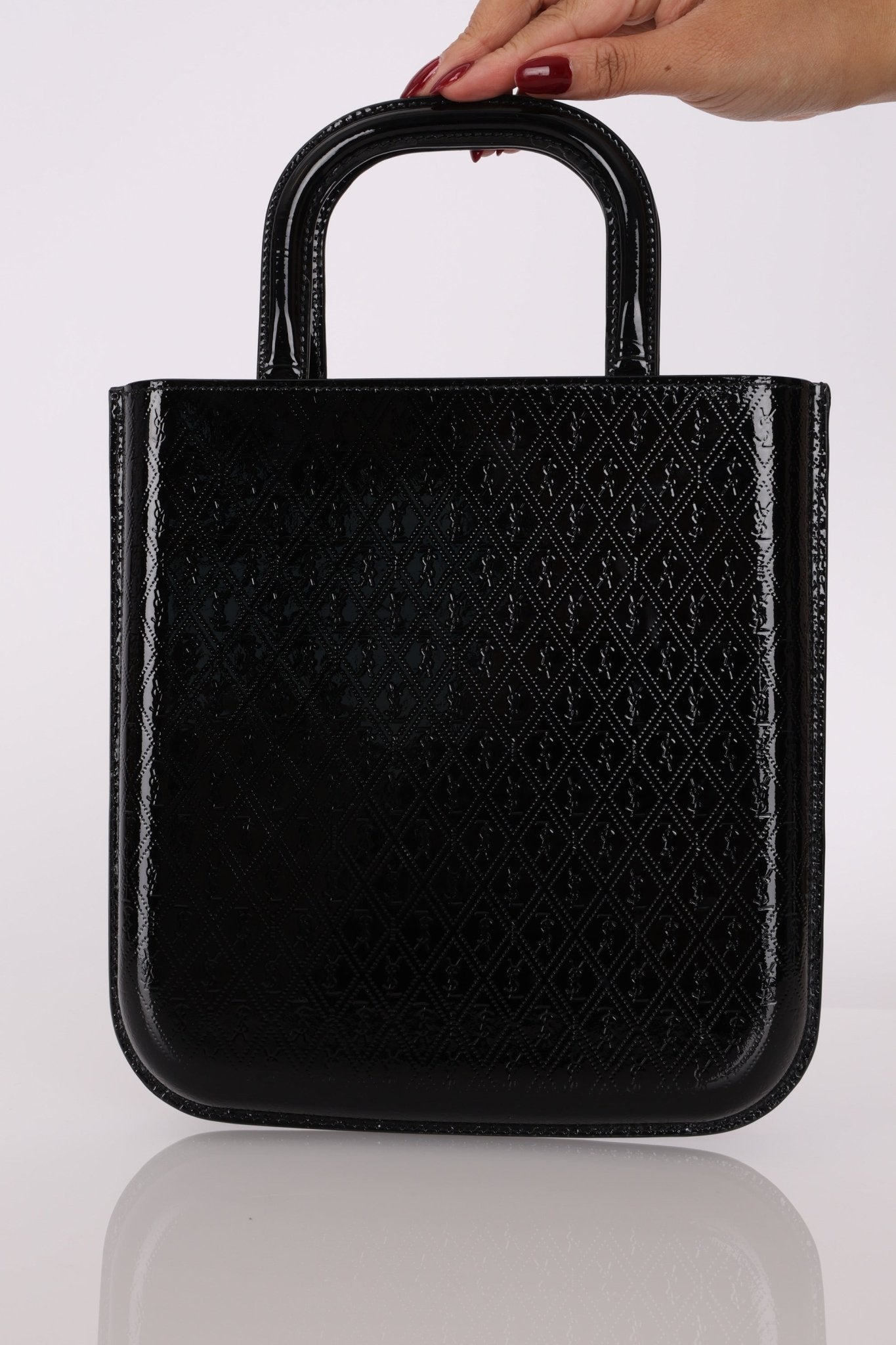 Saint Laurent Patent Logo Embossed Shopper Tote with Chain - FashioNica