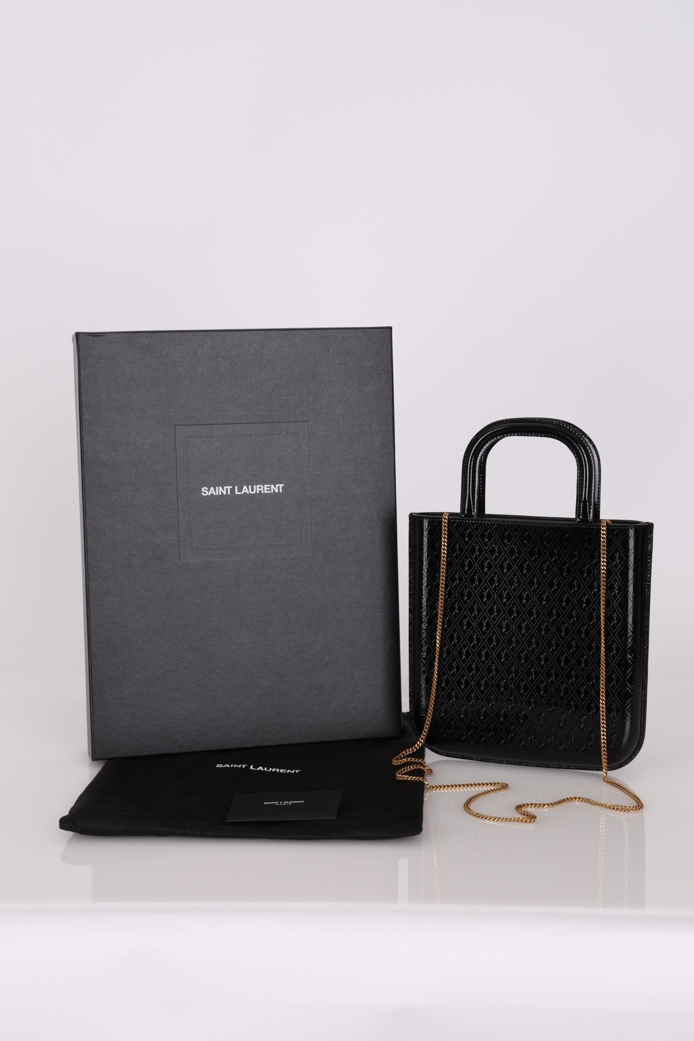 Saint Laurent Patent Logo Embossed Shopper Tote with Chain - FashioNica