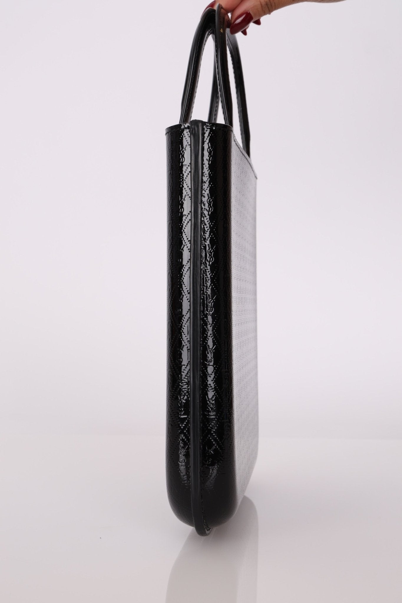 Saint Laurent Patent Logo Embossed Shopper Tote with Chain - FashioNica