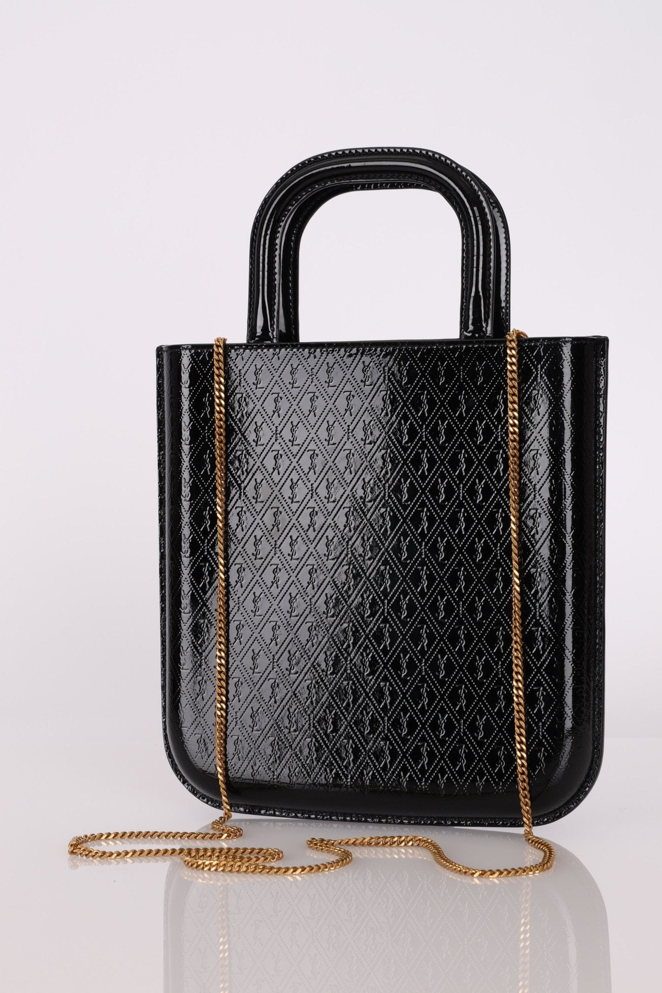 Saint Laurent Patent Logo Embossed Shopper Tote with Chain - FashioNica