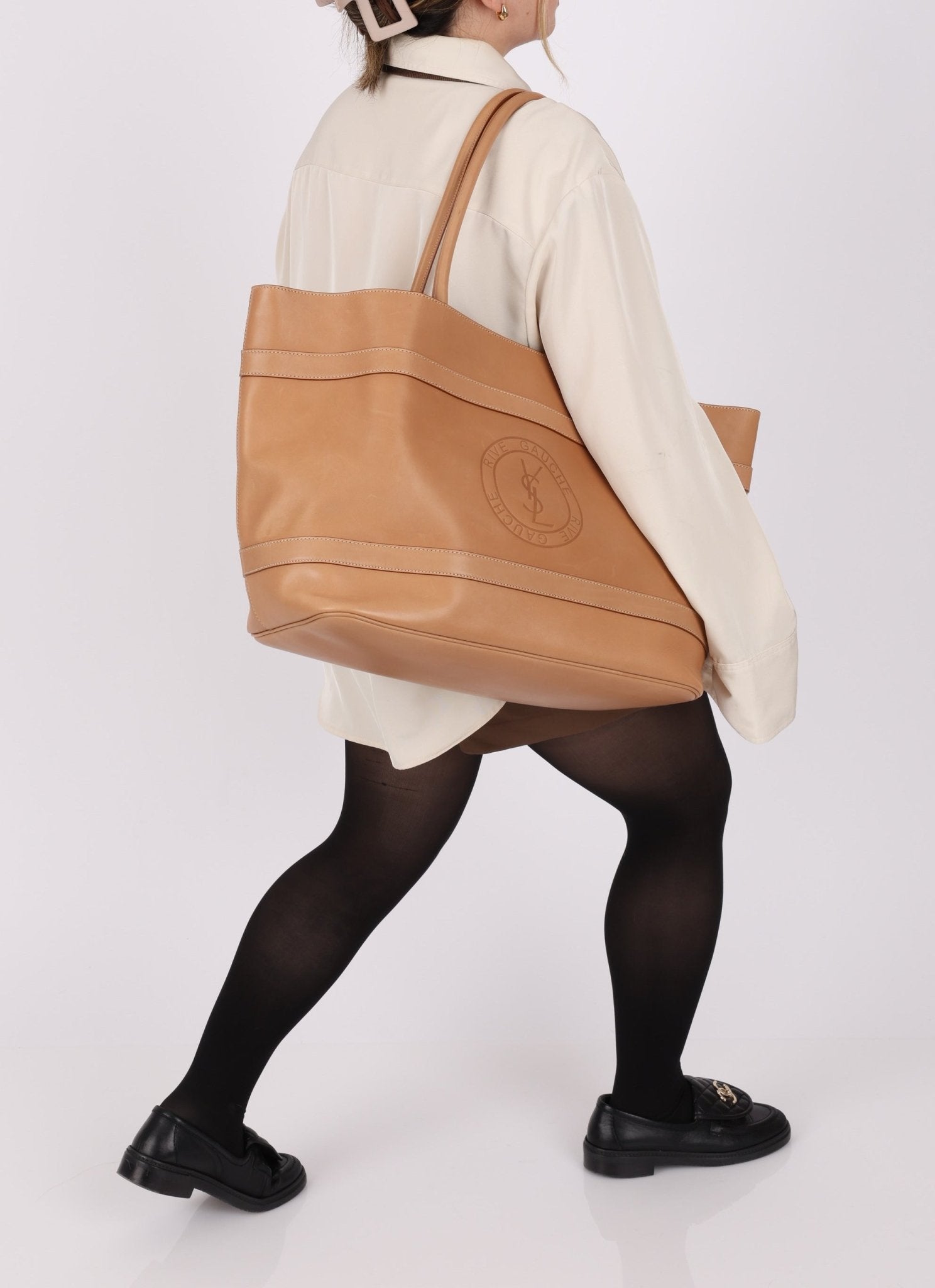 Saint Laurent Rive Gauche Tote Tag in Vegetable - Tanned Leather - FashioNica