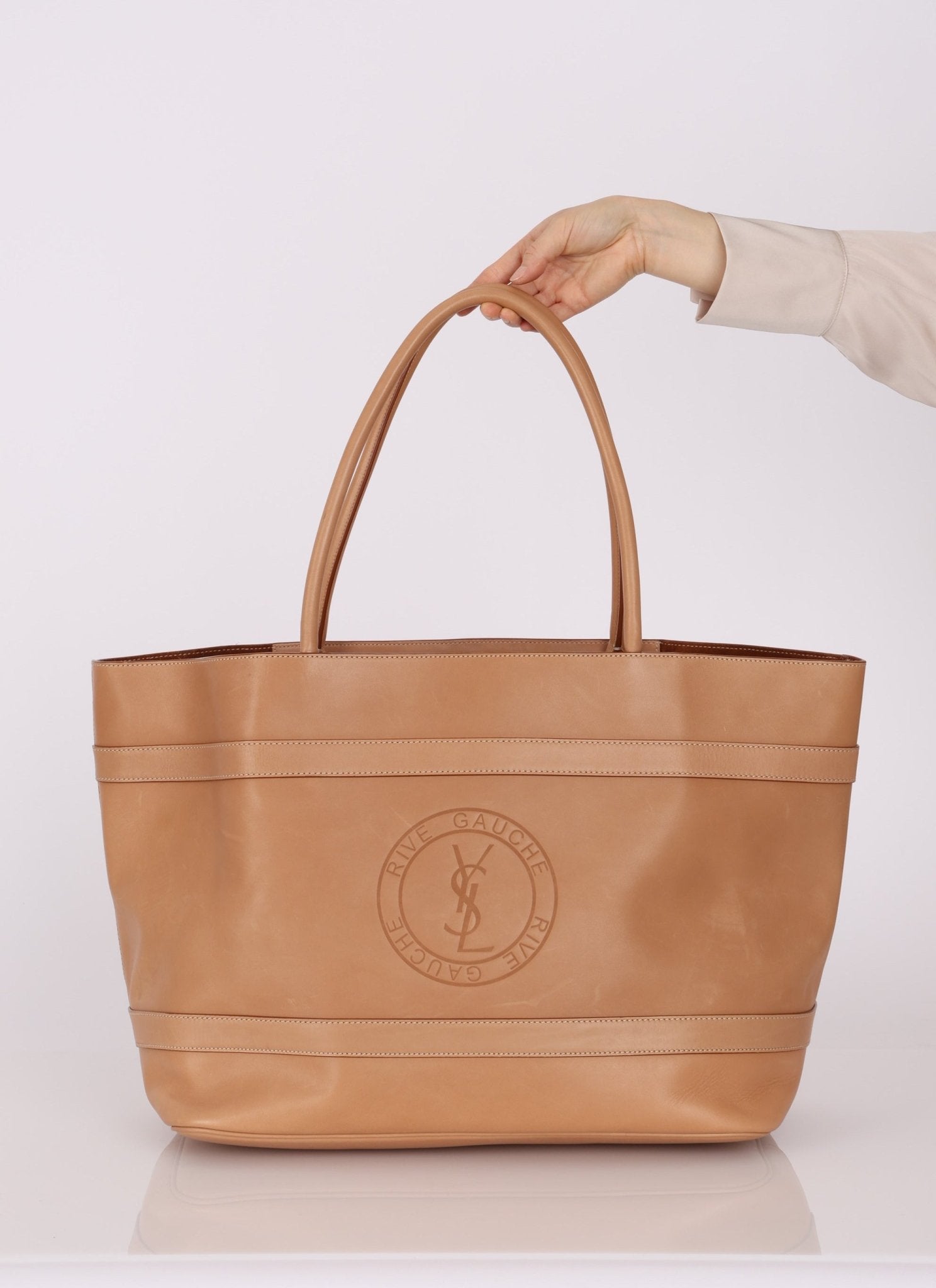Saint Laurent Rive Gauche Tote Tag in Vegetable - Tanned Leather - FashioNica