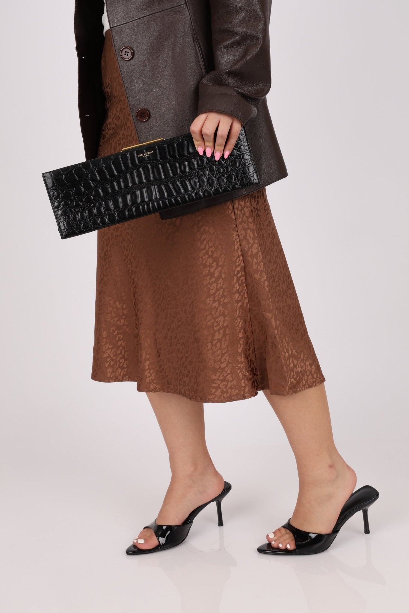 Saint Laurent Runway Croc Embossed Midnight Clutch - FashioNica