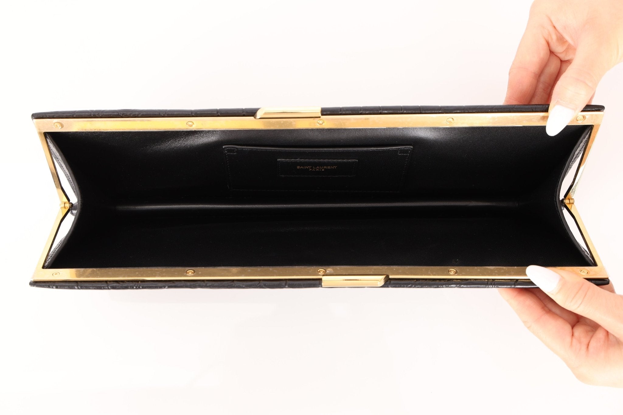 Saint Laurent Runway Croc Embossed Midnight Clutch - FashioNica