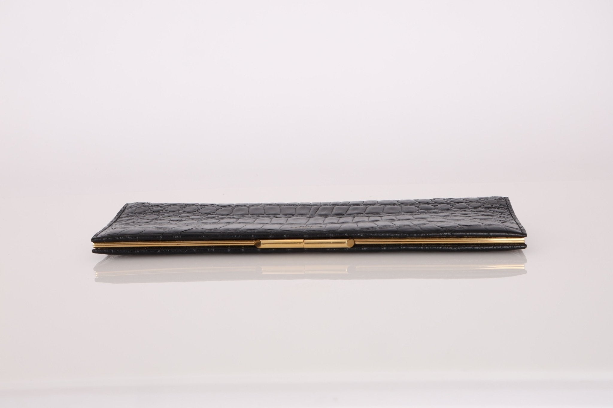 Saint Laurent Runway Croc Embossed Midnight Clutch - FashioNica