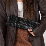 Saint Laurent Runway Croc Embossed Midnight Clutch - FashioNica