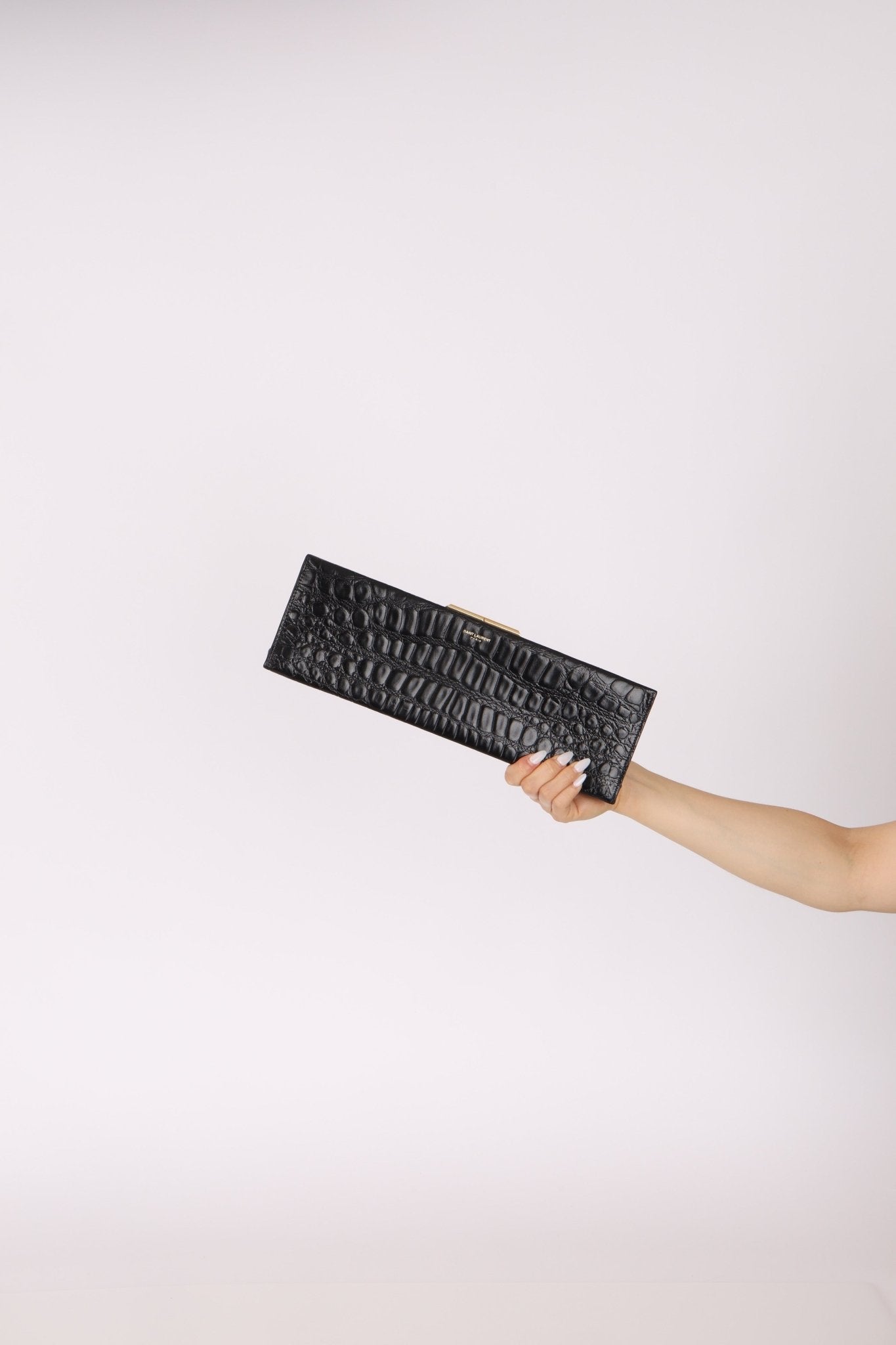 Saint Laurent Runway Croc Embossed Midnight Clutch - FashioNica