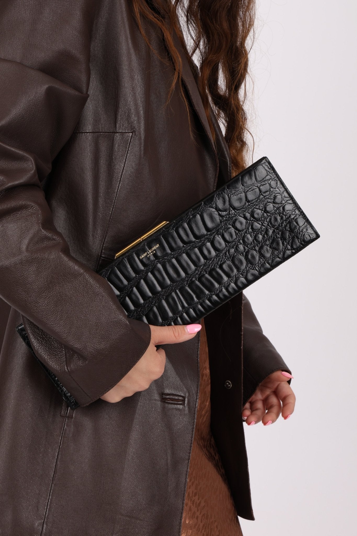Saint Laurent Runway Croc Embossed Midnight Clutch - FashioNica