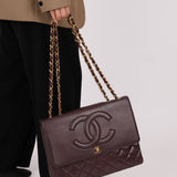 Ultra - Rare Chanel 1991 Dark Bordeaux Lambskin Maxi Double CC Flap Bag 24K GP - FashioNica