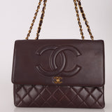 Ultra - Rare Chanel 1991 Dark Bordeaux Lambskin Maxi Double CC Flap Bag 24K GP - FashioNica