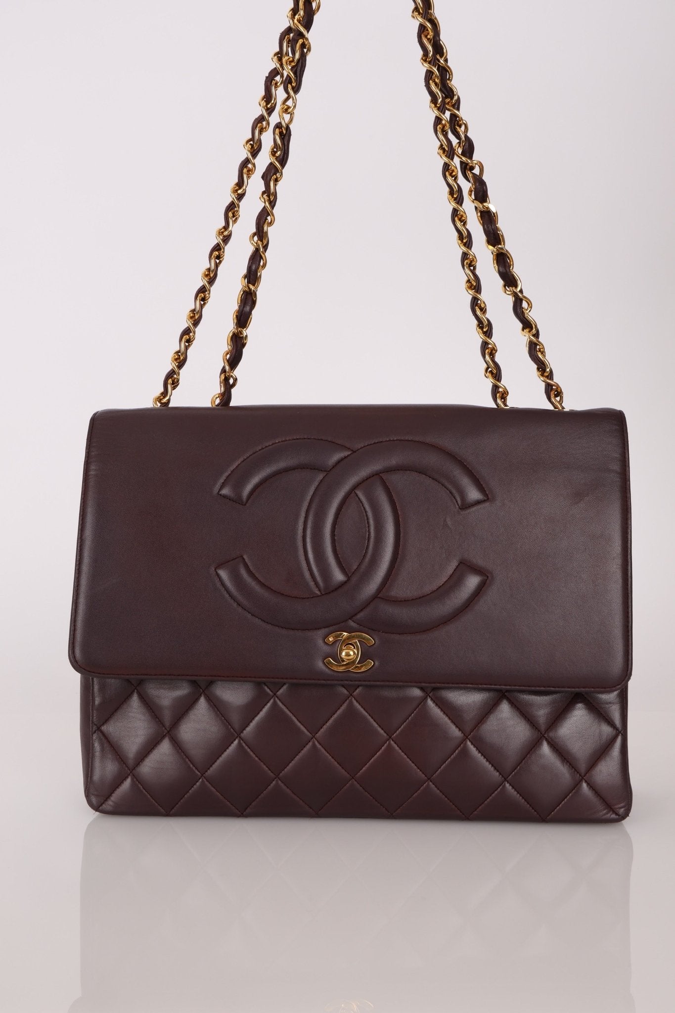 Ultra - Rare Chanel 1991 Dark Bordeaux Lambskin Maxi Double CC Flap Bag 24K GP - FashioNica